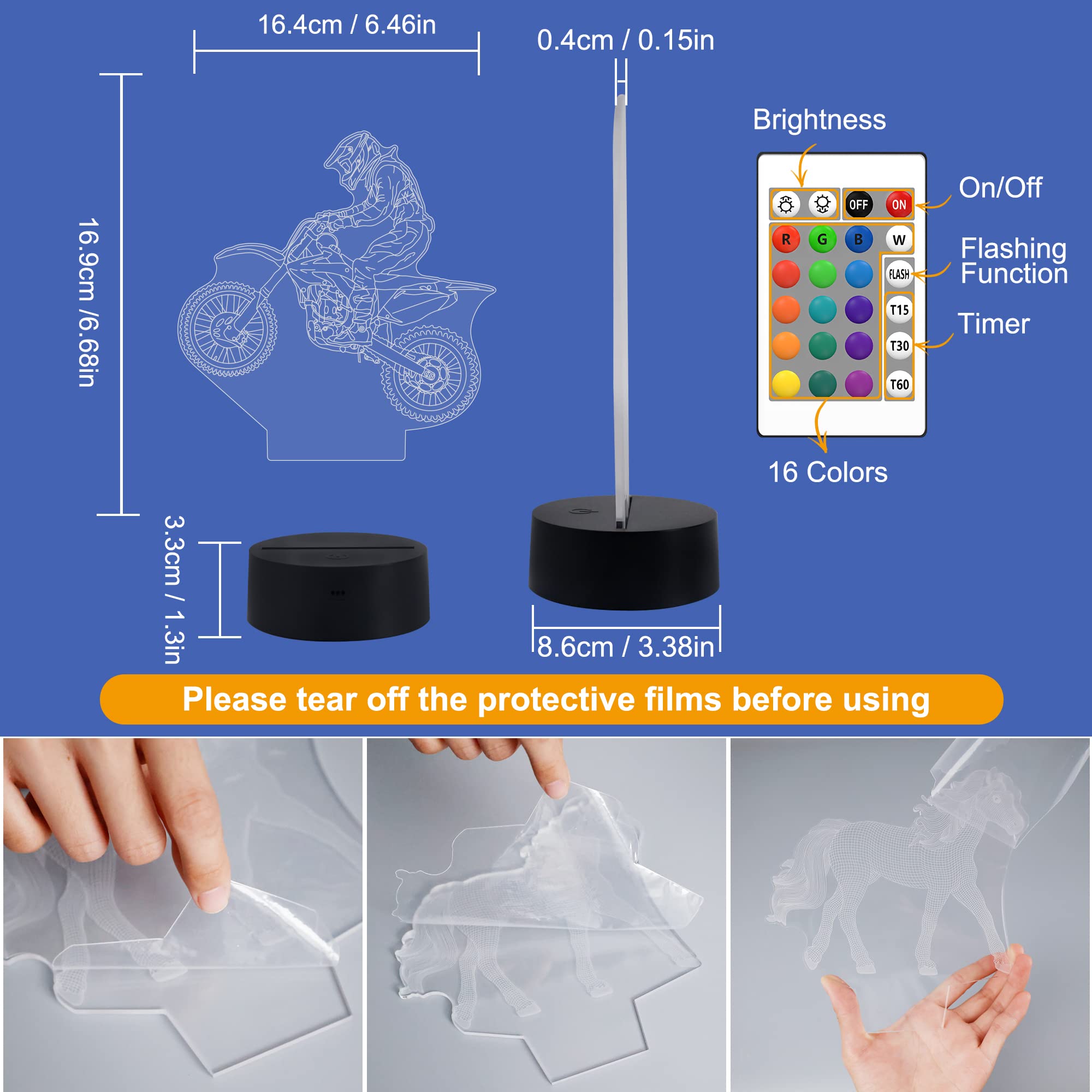 FULLOSUN 3D Night Light for Kids - Motocross Design, Remote Control, 16 Colors, Dim Function, Model FS-2810-9999, Blue-Motorcross