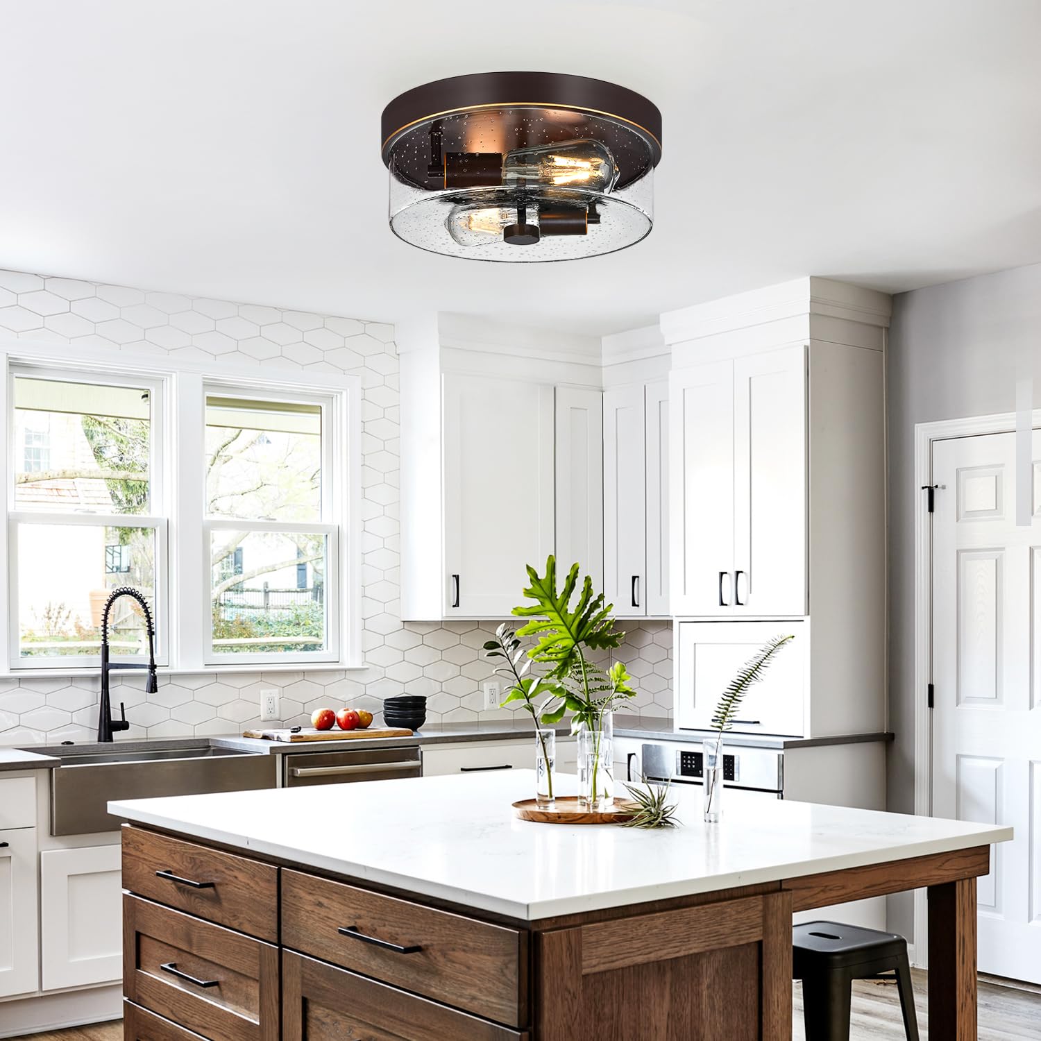 Flush Mount Ceiling Light Fixtures, 2-Light Oil Rubbed Bronze Ceiling Mount For Farmhouse With Seeded Glass Lampshade, Industria