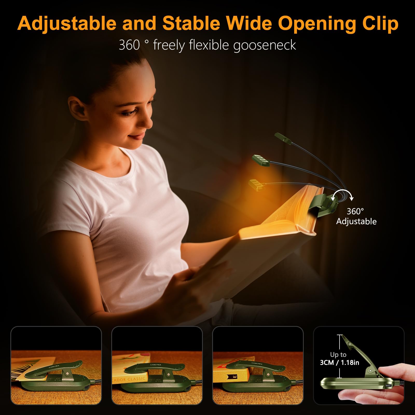 Gritin Rechargeable Book Light - 19 LED, 3 Color Temperatures, 5 Brightness Levels, Deep Green, Flexible Goose Neck, Model G1321