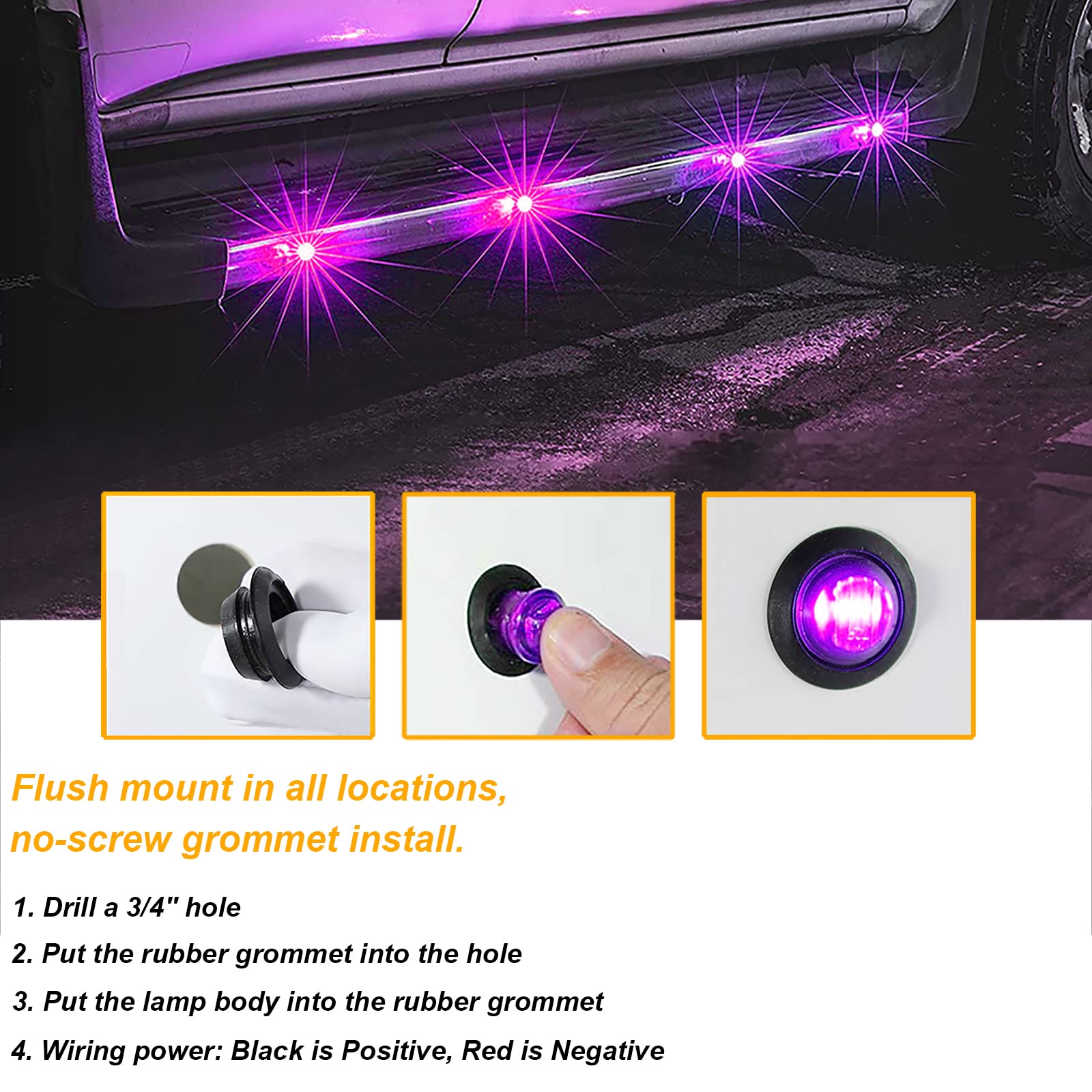 Pseqt 3/4&quot; Led Rock Lights Round Underglow Side Marker Clearance Wheel Fender Light W/Bullet Grommet Waterproof For Trailer Pickup Truck Golf Cart Offroad Wrangler Rv Utv Atv (Purple 10Pcs)