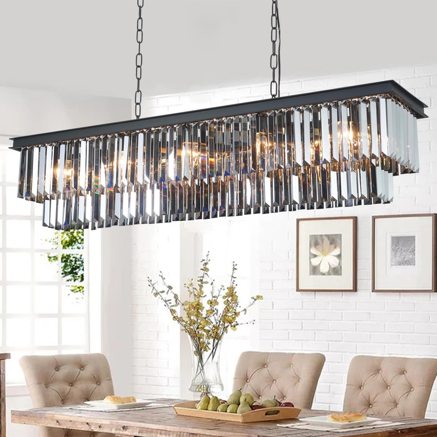 GMlixin Crystal Chandeliers for Dining Room 47.3 12 Lights Elegant Pendant Ceiling Lighting Rectangle Contemporary Pendant Light Fixture
