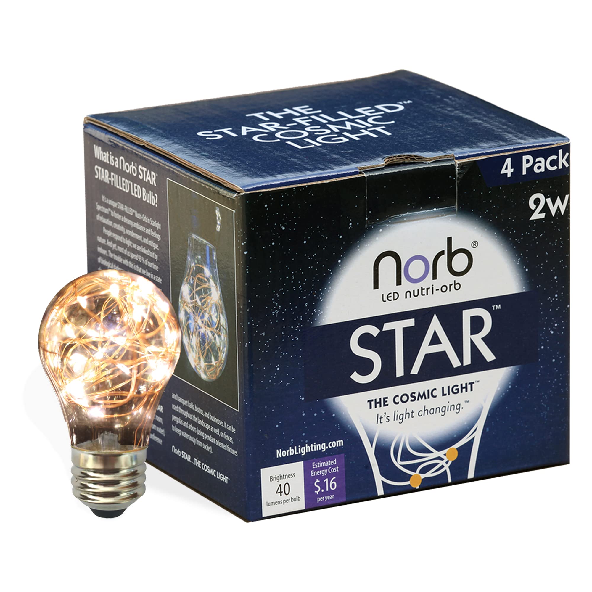 Norb A19 LED Light Bulb 4-Pack - Copper Filament with Tiny Stars, Indoor/Outdoor Use