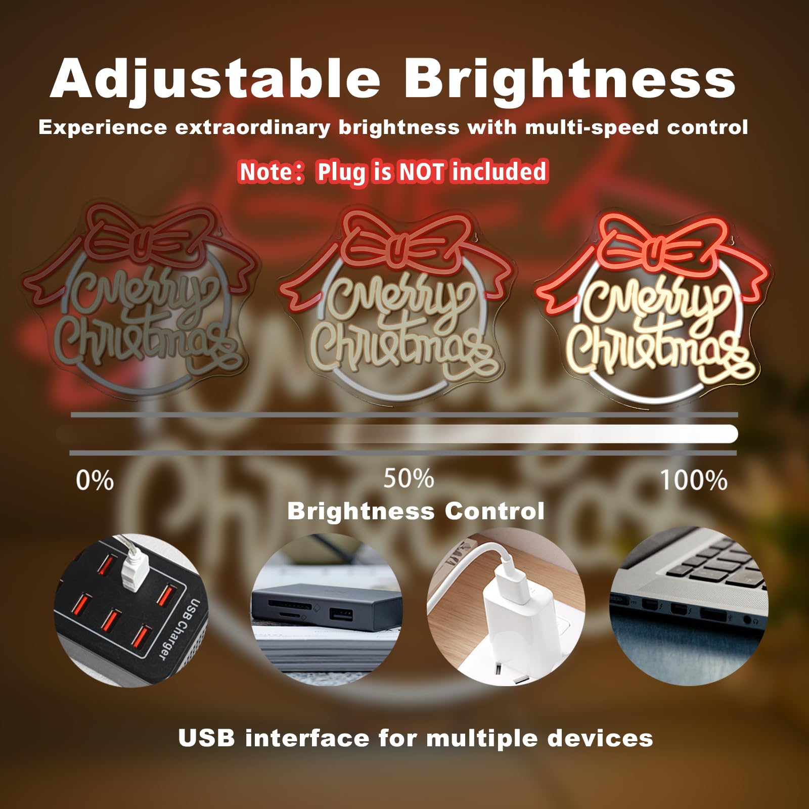 JURONGYILU Dimmable LED Neon Sign - Merry Christmas Bow Design - USB Powered - Colorful - Model HZ-WX-NL-6130