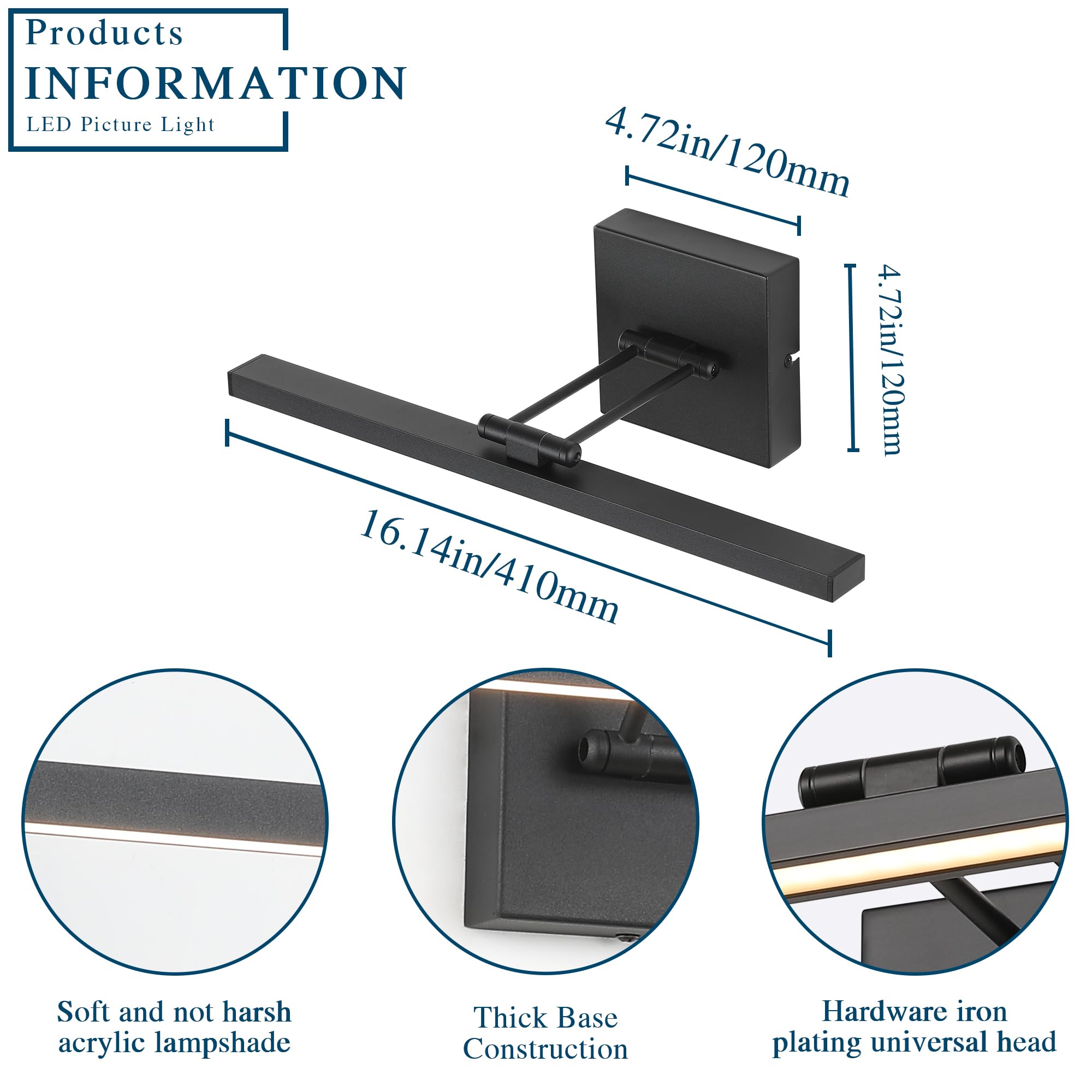 Keliden Hardwired Picture Light Black Led Dimmable Modern Picture Lights For Paintings 15.7 Inch Long Swing Arm Art Lights Warm White 3000K Display Lamp Gallery Photo Wall Light