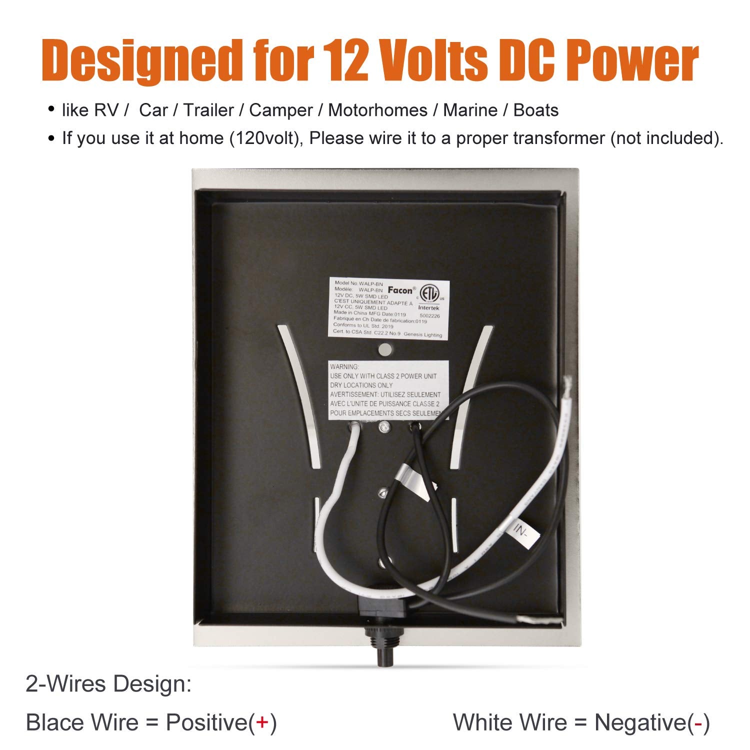Facon LED RV Vanity Wall Sconce, 12V Reading Light, Aluminum Base, White, Standard Version with Switch, Model WALP-BN