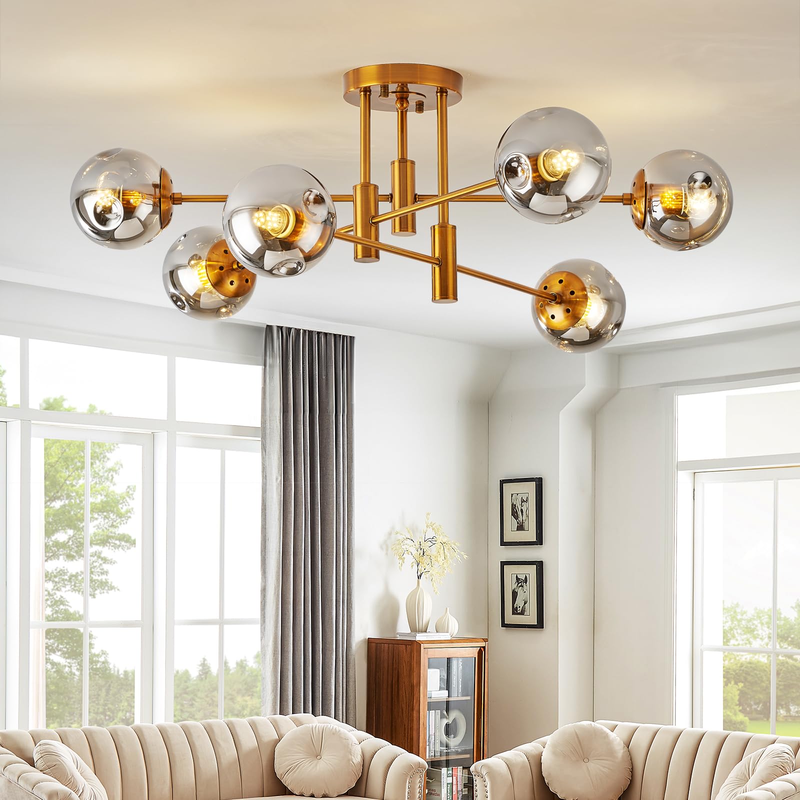 DDLLDESHI 6 Lights Gold Chandelier Globe Glass Cover Sputnik Ceiling Light Fixture,34'' Large Dining Room Light Fixture Smoke Bu