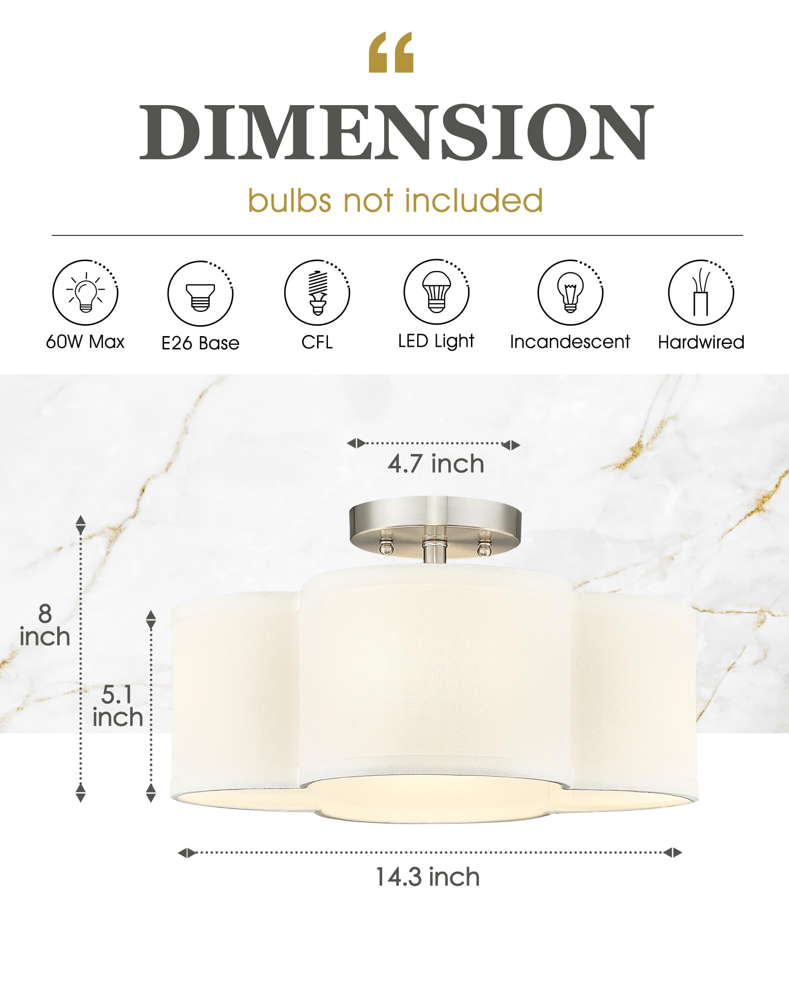 Audickic Semi Flush Mount 4-Light 14Inch Ceiling Lights With Fabric Shade In Quatrefoil Shape, Brushed Nickel For Nursery, Hallw