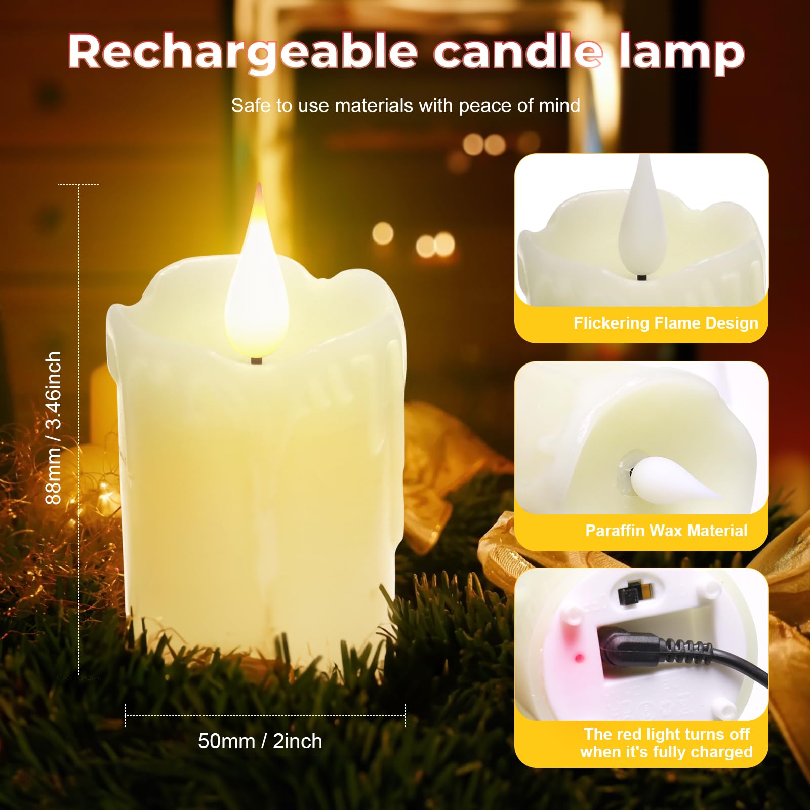 3 Pcs Real Wax Rechargeable Flameless Warm White Led Candles,Remote Control,D2 X H4”,Brightness Adjustable Flickering Battery Operated Tea Lights Candles With Timer,For Christmas, Wedding, Home Decor