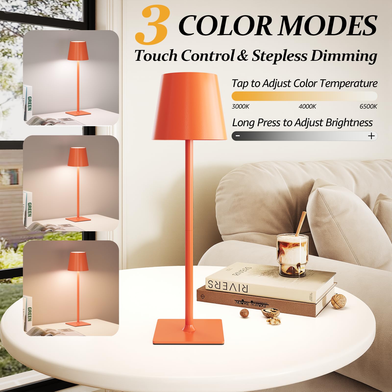 CHLORANTHUS Cordless Table Lamps 2 Pack, Stepless Dimming, 5000mAh LED, Orange