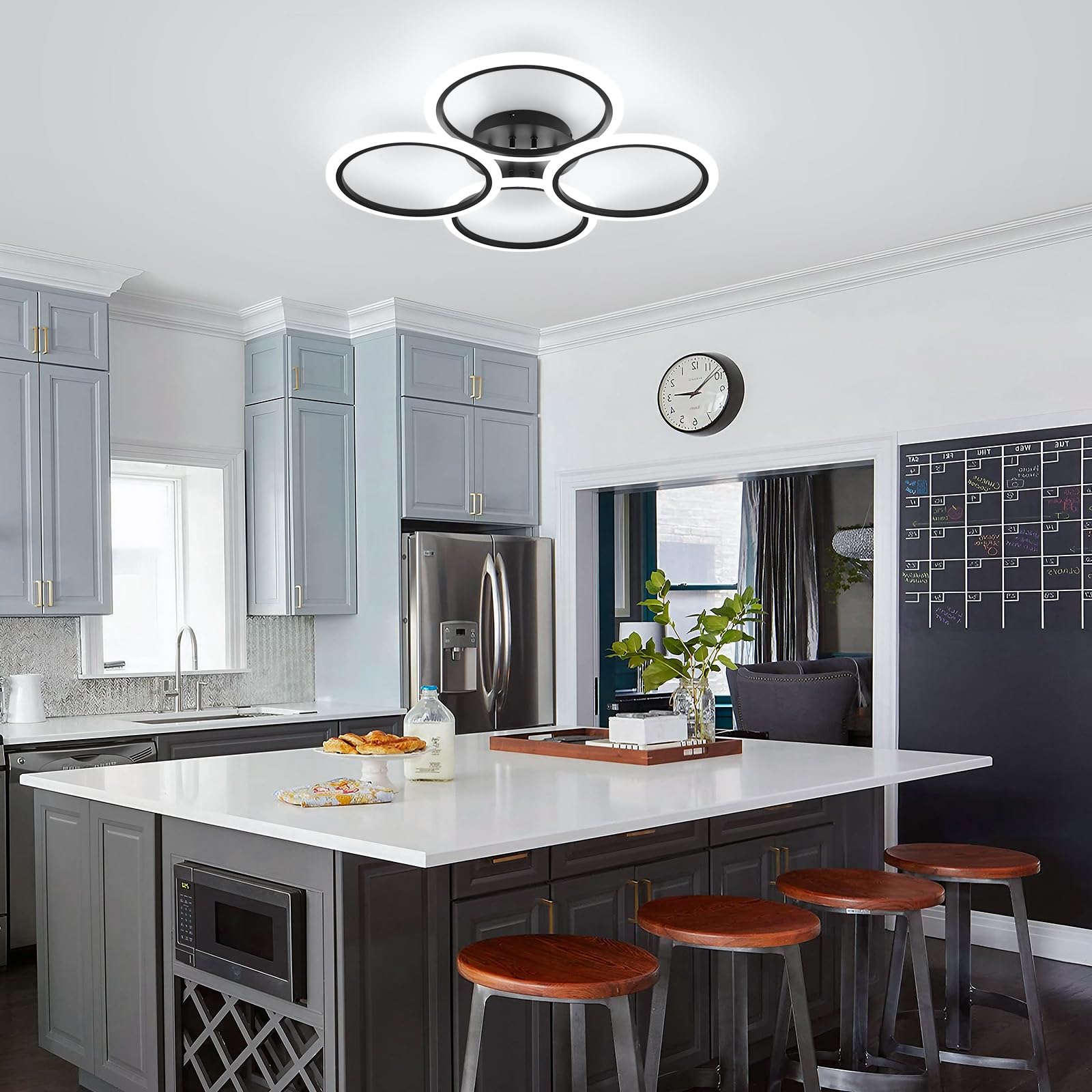 HLILCEH Modern LED Ceiling Light Fixture, Dimmable Acrylic 4 Rings, Remote Control, 28.74 inch, Black, Model CL-4QDBK-D