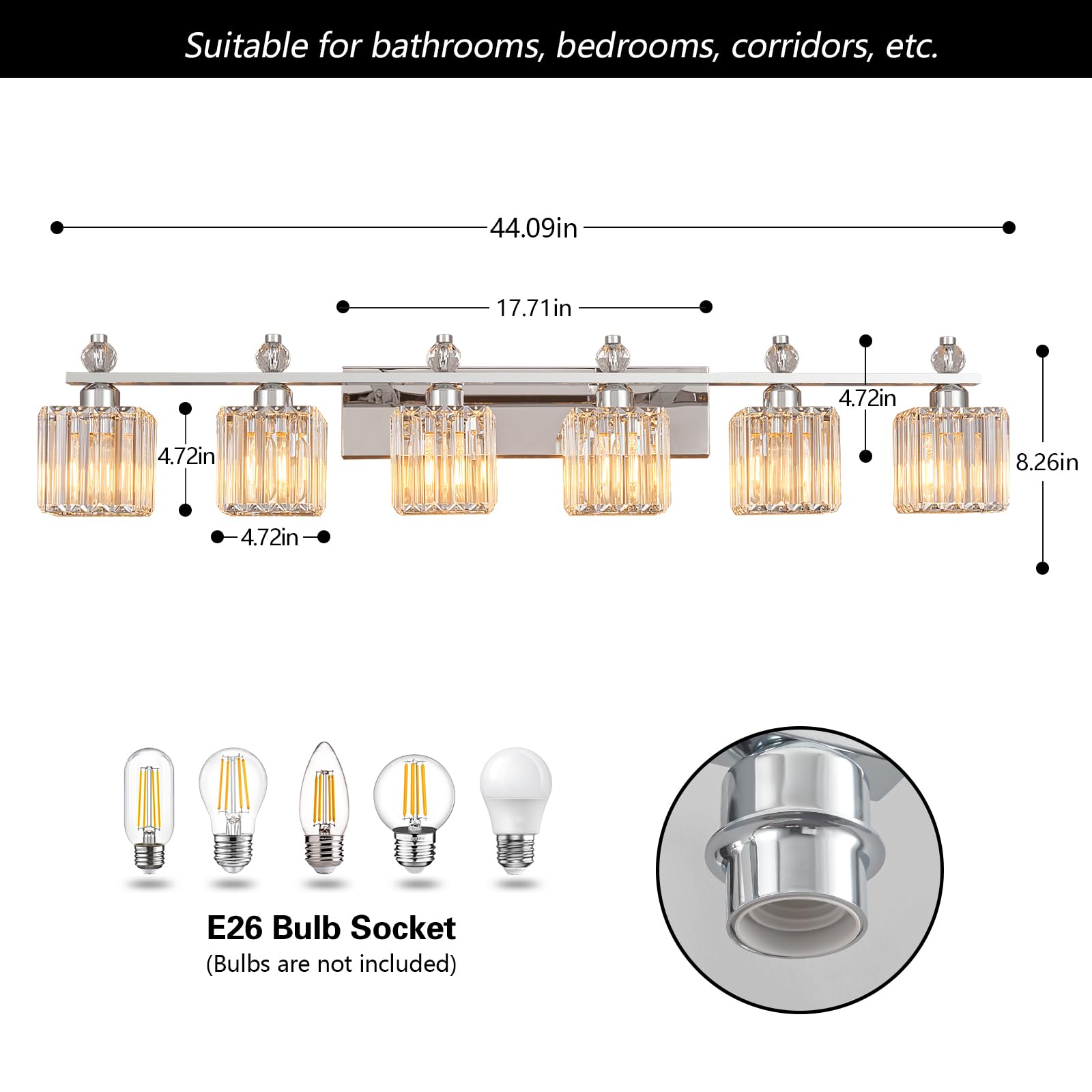 FDPBY 6-Light Vanity Light Chrome Metal Crystal Bathroom Fixture Model 290