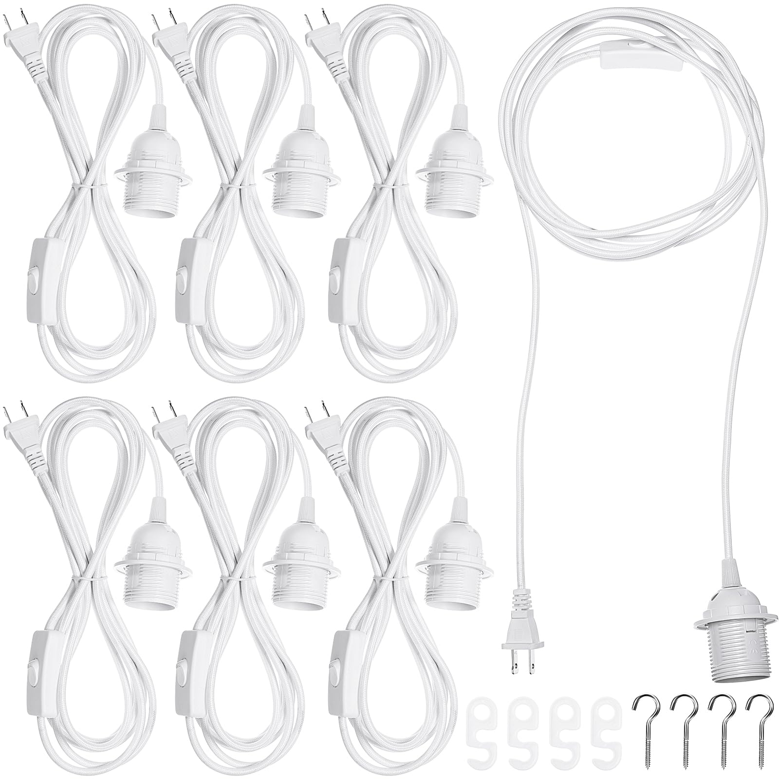 Hortsun 6 Pack Hanging Light Kit E26/E27, 12 Ft White Lamp Cord With On/Off Switch For Bedroom And Living Room