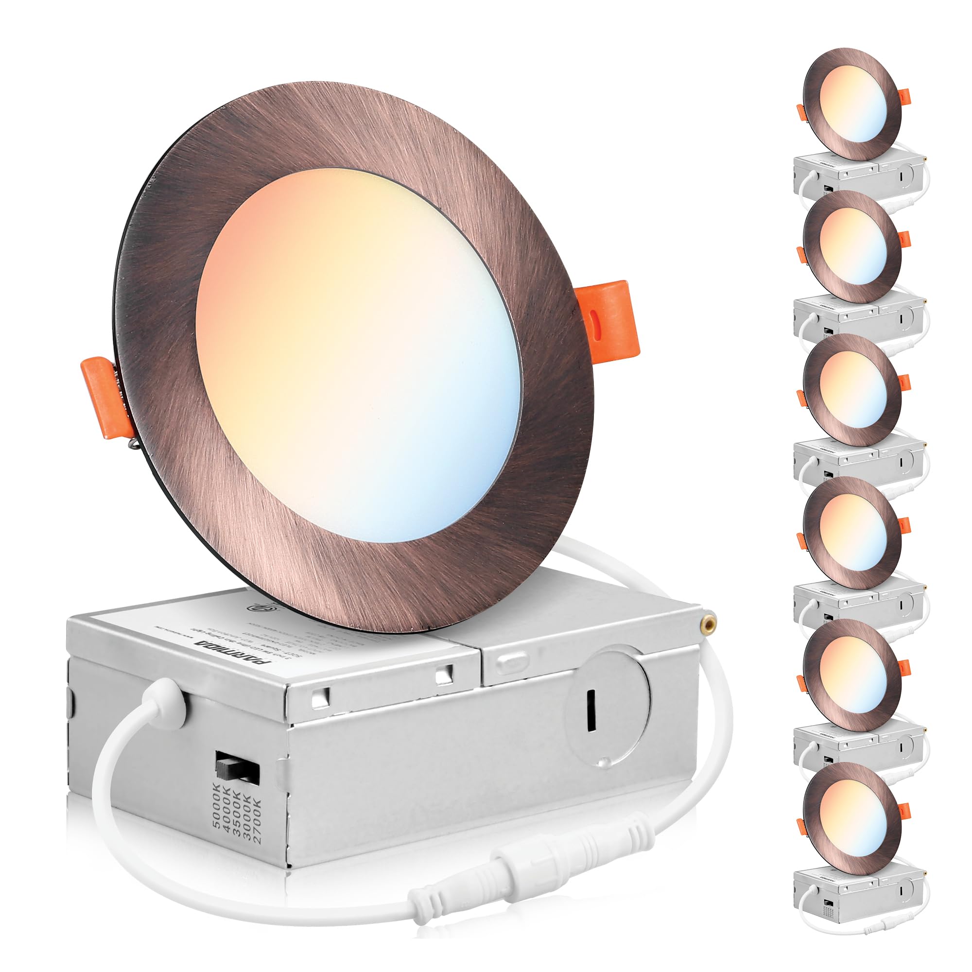 PARMIDA (6 Pack) 4 Inch 5CCT Ultra-Thin LED Recessed Lighting with J-Box, 2700K/3000K/3500K/4000K/5000K 5 Color Selectable, 9W, 
