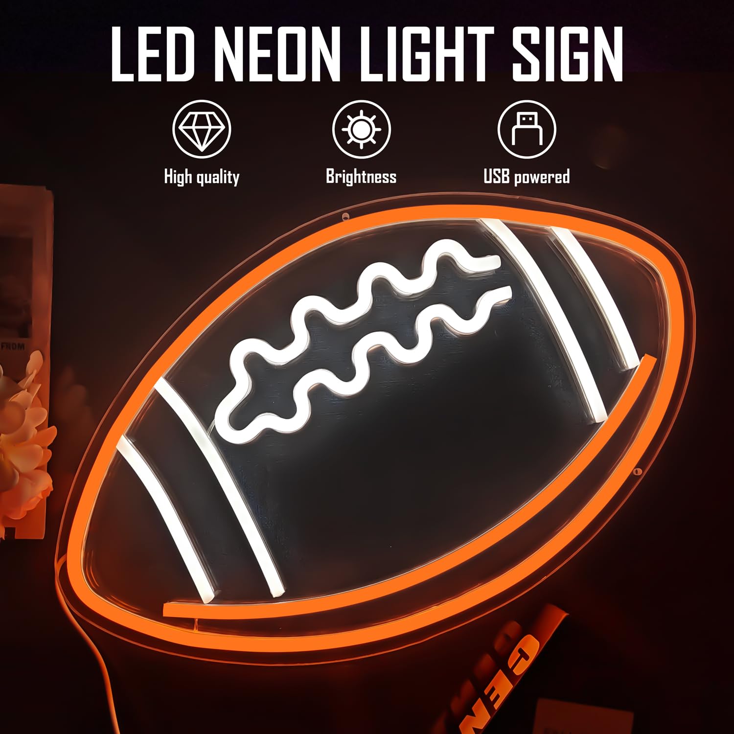 Ajoyferris Neon Football Sign for Wall Decor, Dimmable, 10.04x16.65 inches, Orange, Model Ajoyferris