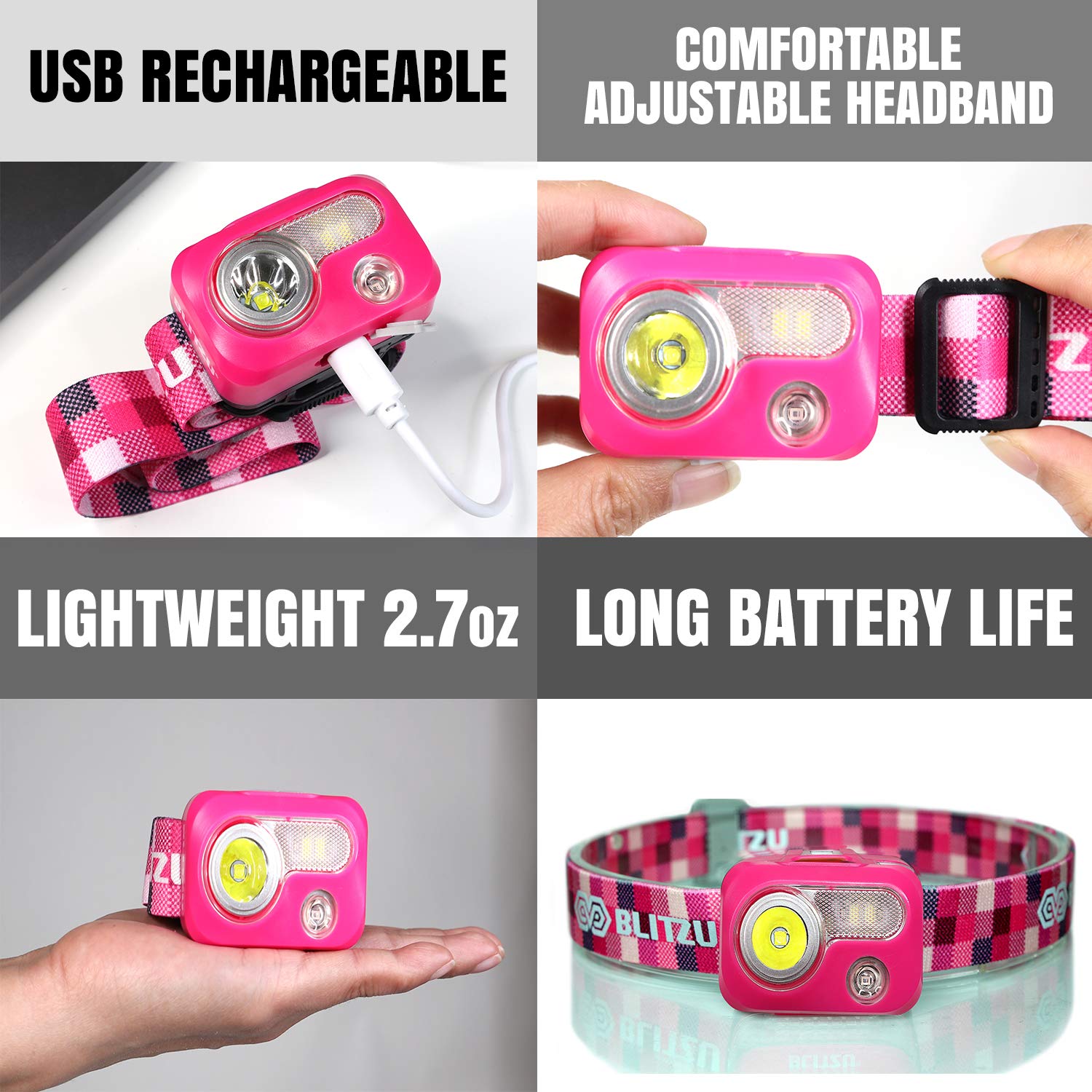 Blitzu Pink Rechargeable Flashlight - Adjustable, Durable, Battery Powered, Plastic Material