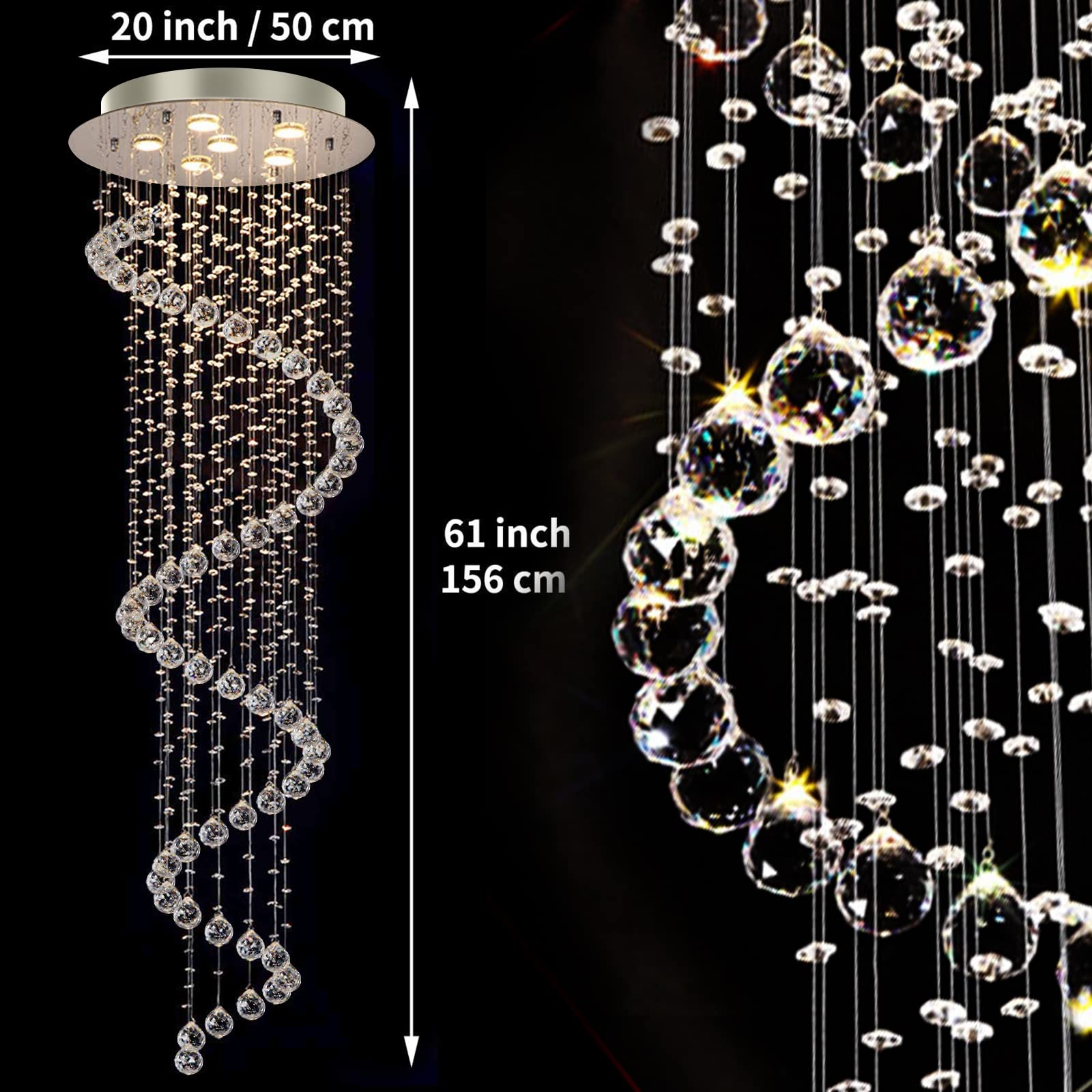 CRYSTOP Modern Contemporary Chandelier Lighting, Crystal, 6 Lights, D20in  x H61in , Silver, Luxury Drop Fixture for Foyer Dining Room Kitchen
