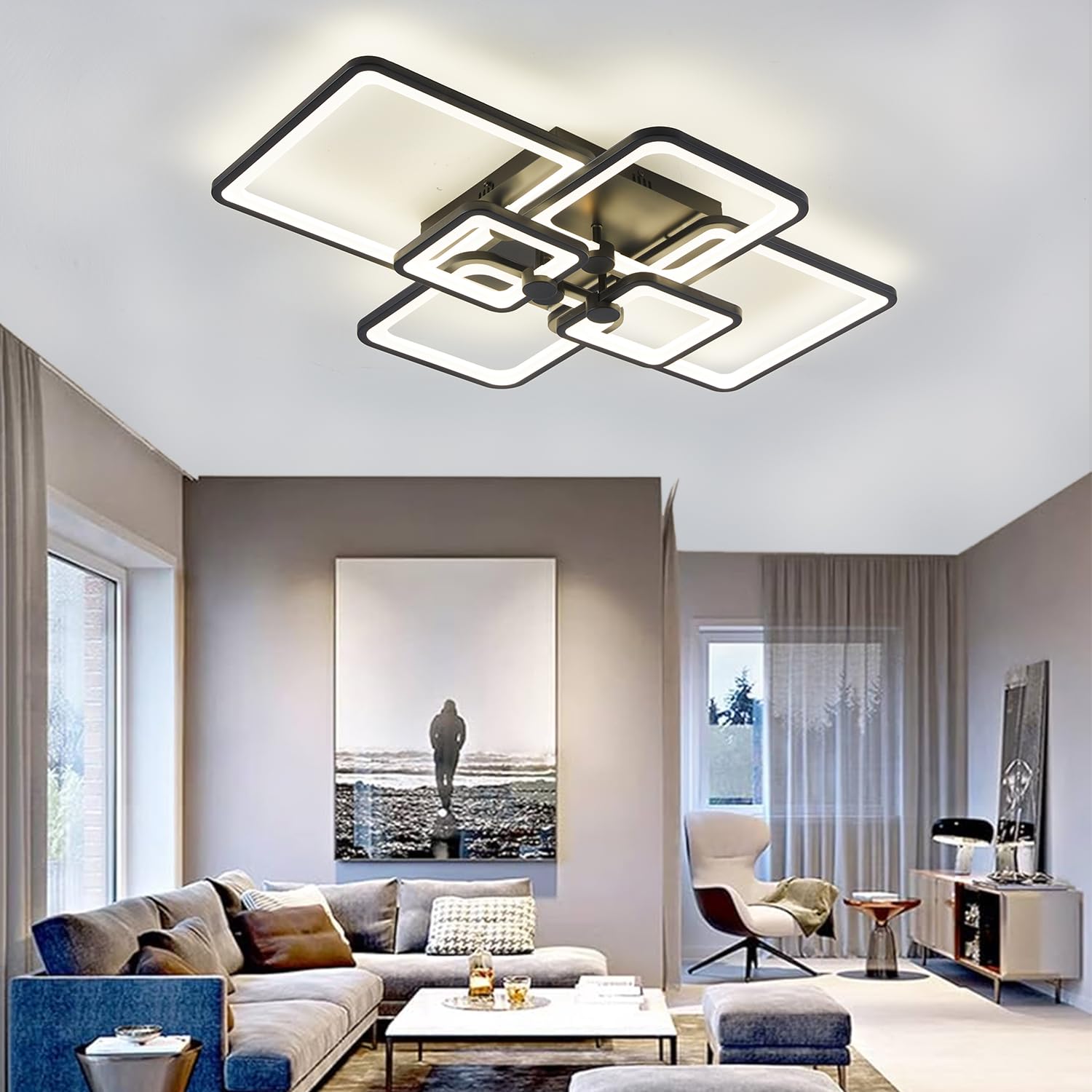 Modern Led Ceiling Light,6 Square Acrylic Black Modern Lighting Fixture Ceiling Lights For Living Room,Dimmable Lamp With Remote