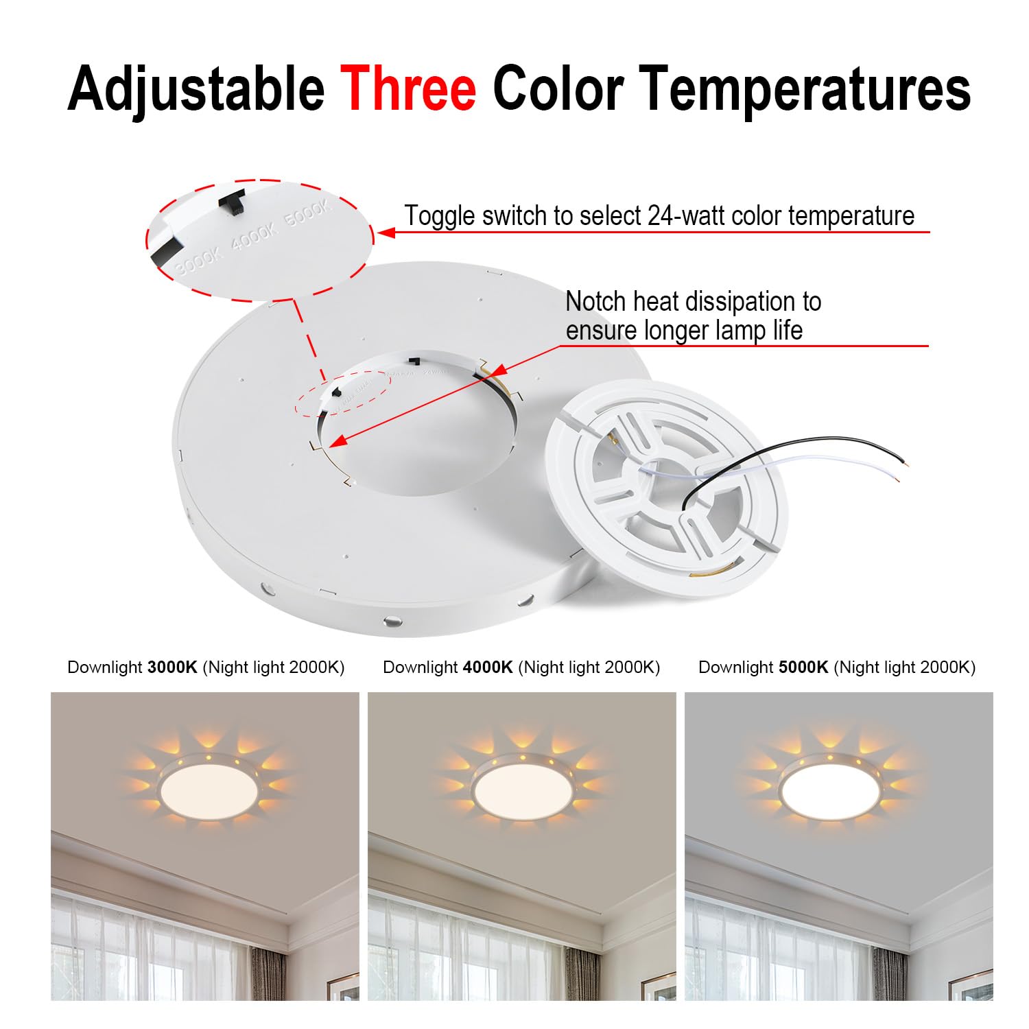 Anmaice Flush Mount LED Ceiling Light, 12-inch, Selectable 3000K/4000K/5000K, Modern White Fixture for Bedroom, Dining Room, Kitchen