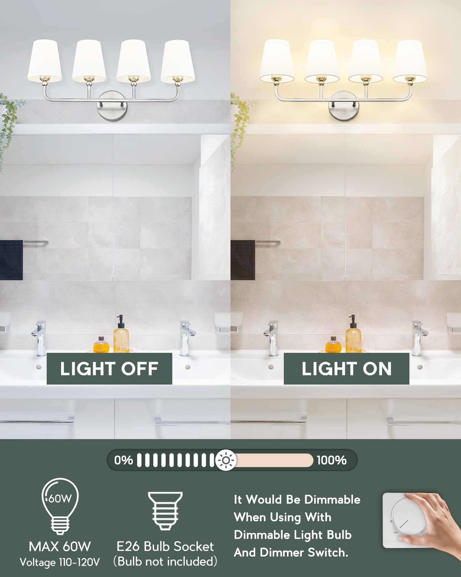 Metwet Bathroom Light Fixtures, 4 Light Vanity Lights With Flared White Fabric Shade, 28 Inch Brushed Nickel Wall Sconce, Modern