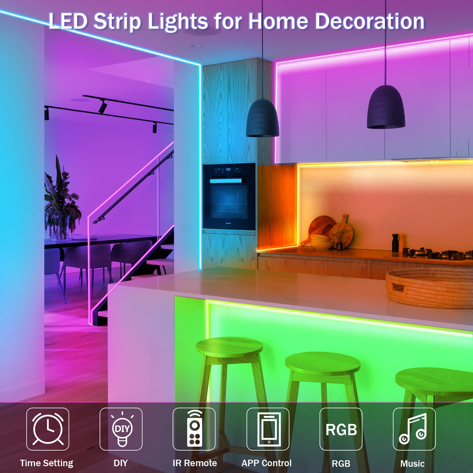 Keelixin 65.6Ft Rgb Led Strip Lights, Music Sync, App & Remote Control, Multicolor Home Decor