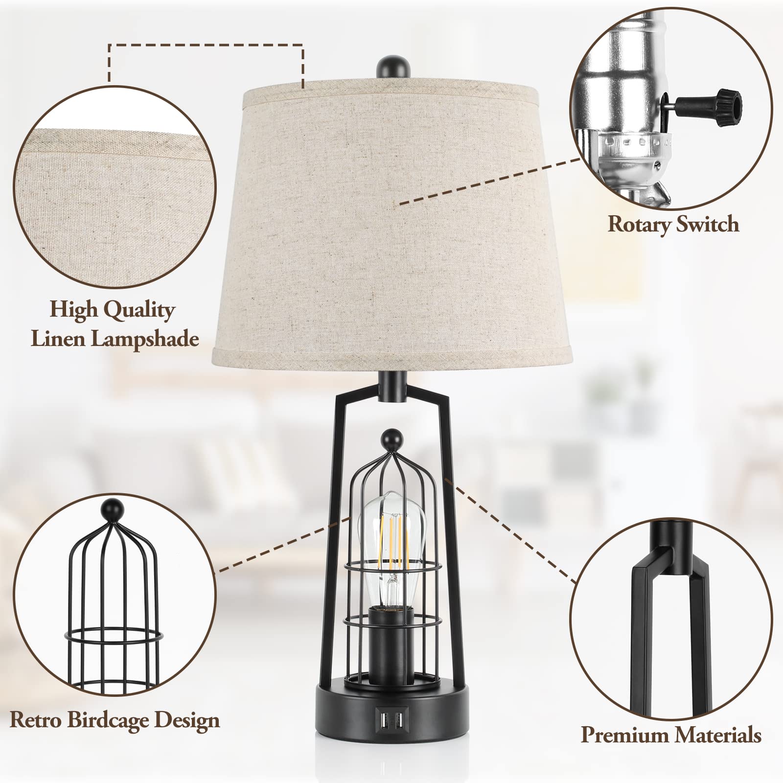 Brightever Farmhouse Table Lamps Set of 2 Rustic Industrial Metal Beige 2 USB Ports JT2026.BE