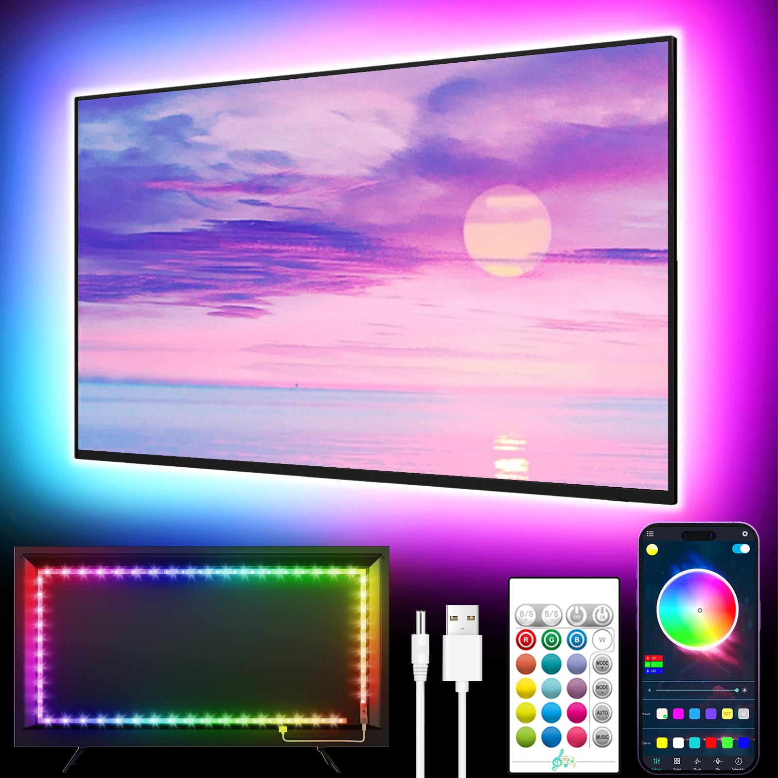 GIPOYENT LED TV Backlight, 16.4FT, RGB Color Changing, Music Sync, Bluetooth for 45-75 Inch TVs