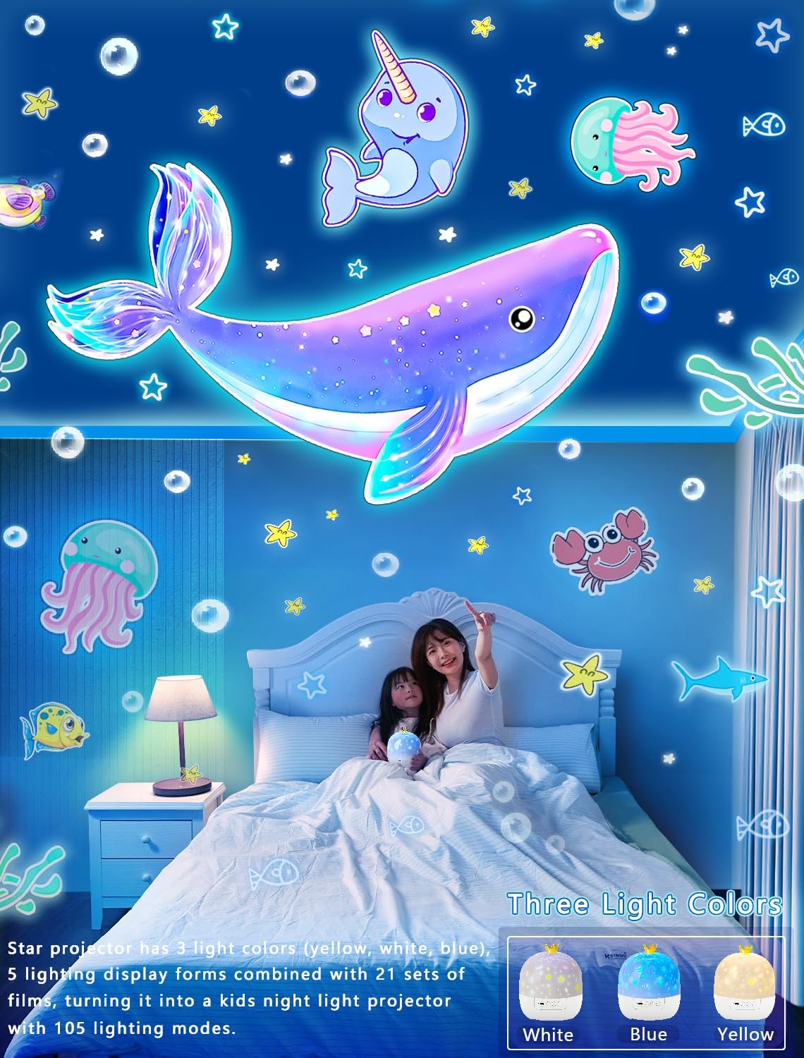 KISTRA Kids Night Light Projector, 21 Films, 360? Rotation, White, Model KS-HG2, Star Galaxy Ceiling Decor for Baby Girls