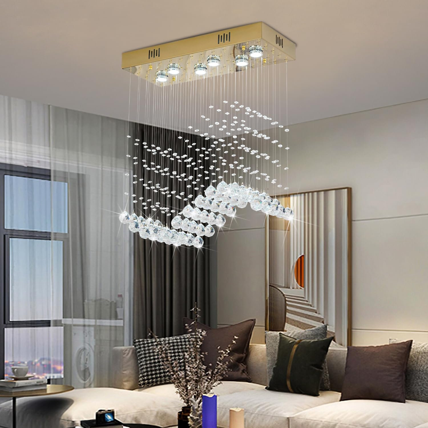 Crystop Modern Gold Wave Rectangular Chandelier For Dining Room Over Table, 6-Lights Raindrop Elegant Ceiling Light Fixture For