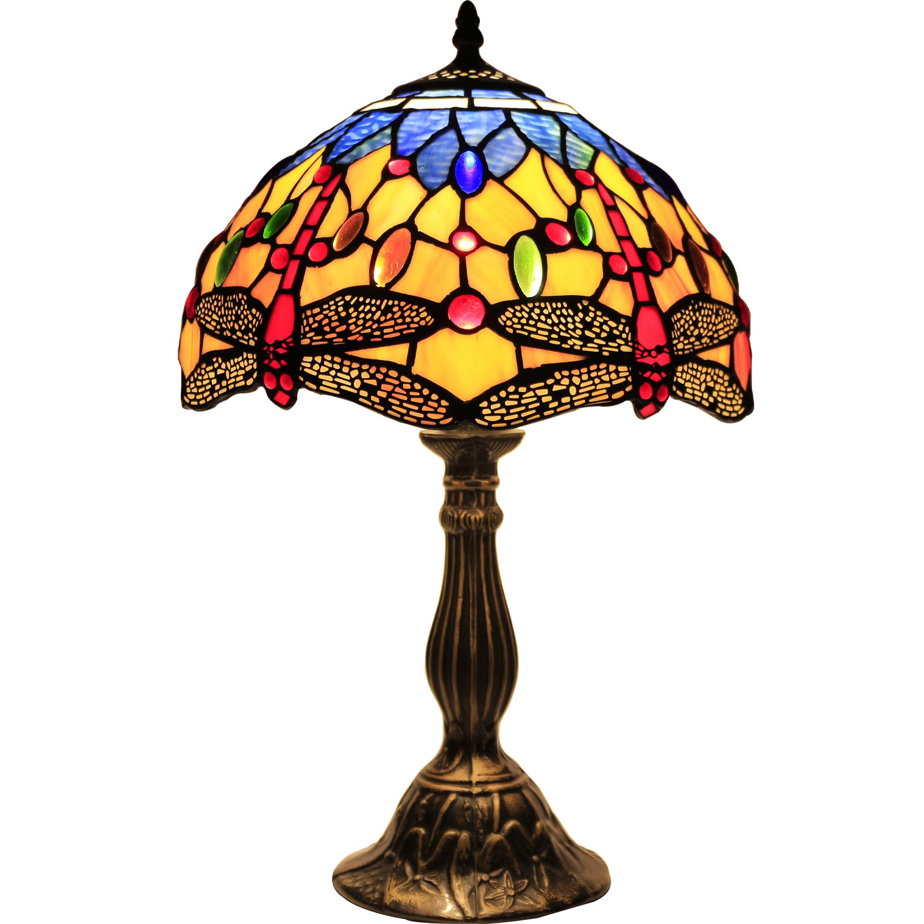 WERFACTORY Tiffany Lamp Stained Glass Bedside Table Lamp Orange Blue Dragonfly Style Reading Desk Light 12X12X18 Inches Decor Be
