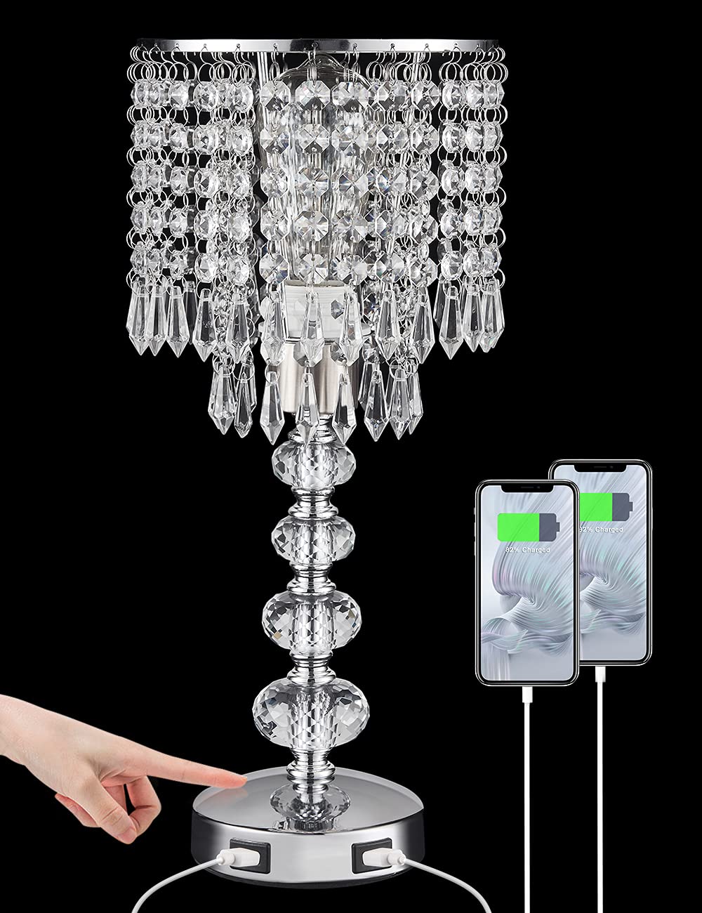 Acaxin Crystal Table Lamp - Touch Bedside Lamp with 2 USB Ports, 3 Way Dimmable, Medium Size, Silver Finish