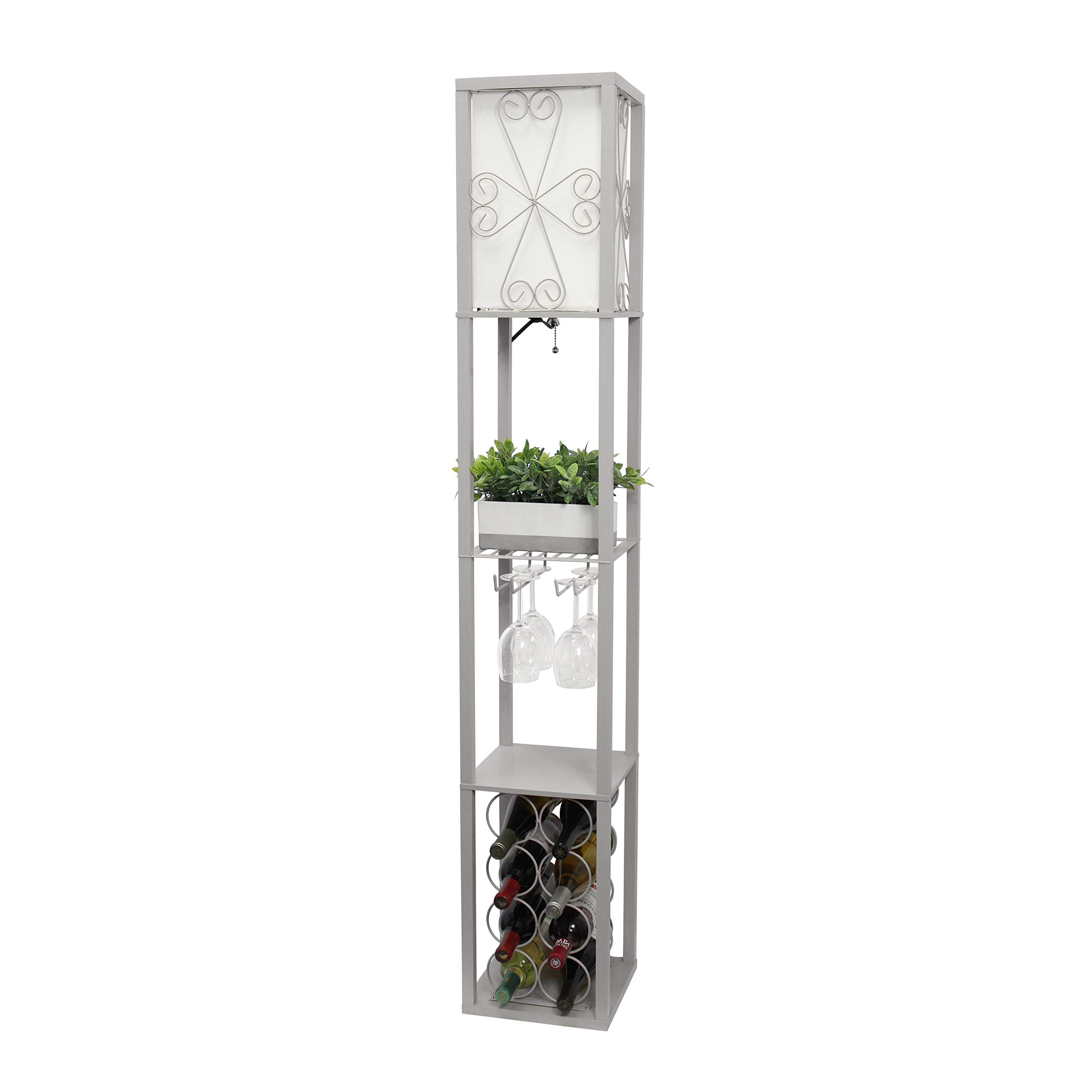 Simple Designs Lf1015-Gry Three Shelf Etagere Organizer Storage And Wine Rack Floor Lamp With White Linen Shade, Gray