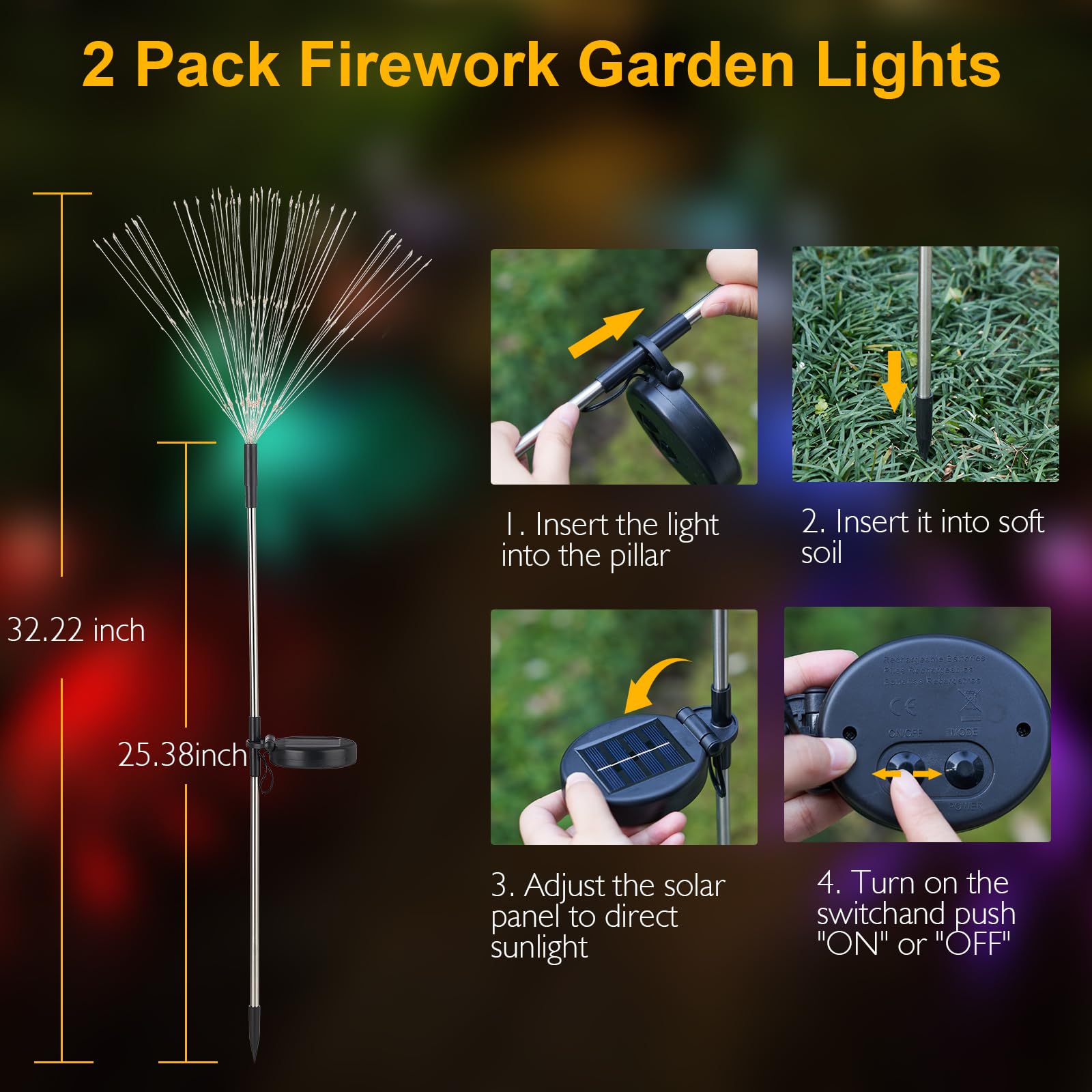 SUNNEST Solar Lights Outdoor, 150 LED Firework Light, Warm White, 2 Packs, Model DE-HY, Solar Garden Decor for Pathway and Patio