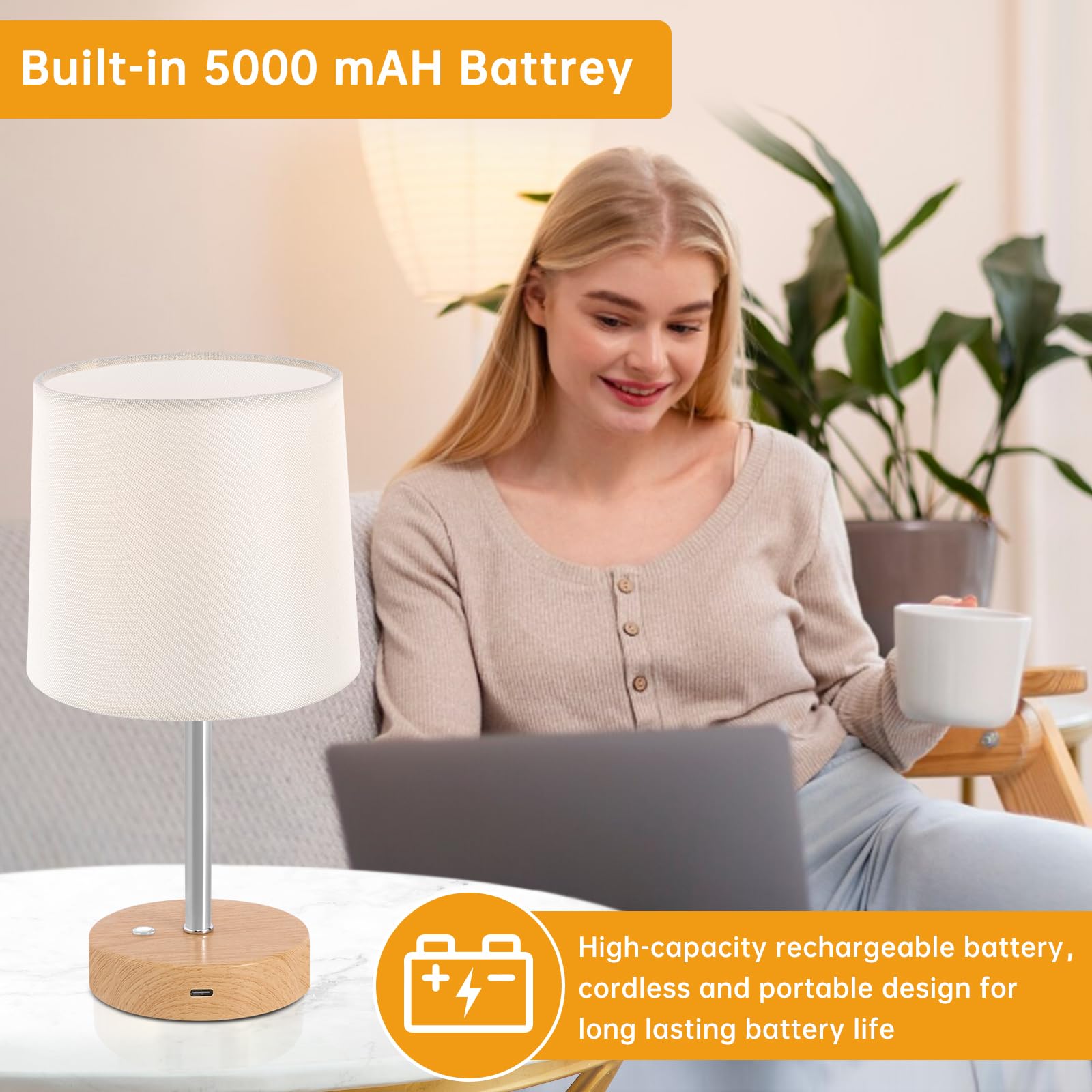 OOFAYBILL Cordless Table Lamp, Built-in 5000mAh Rechargeable Table Lamp Cordless, Small Battery Powered Lamp, Wireless Lamp with