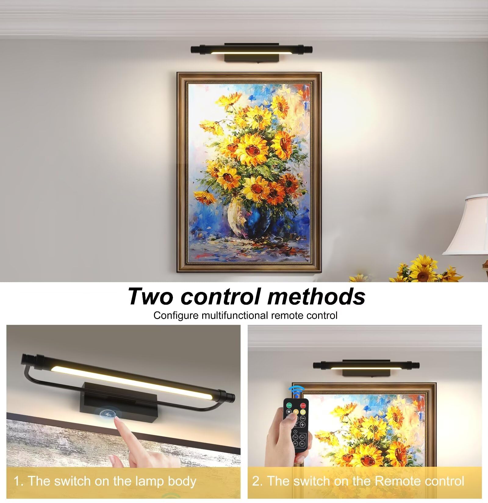 ZitoStory Battery Operated Picture Light with Remote, Wireless Dimmable, 12 Inch, Black, Model 7211-30cm