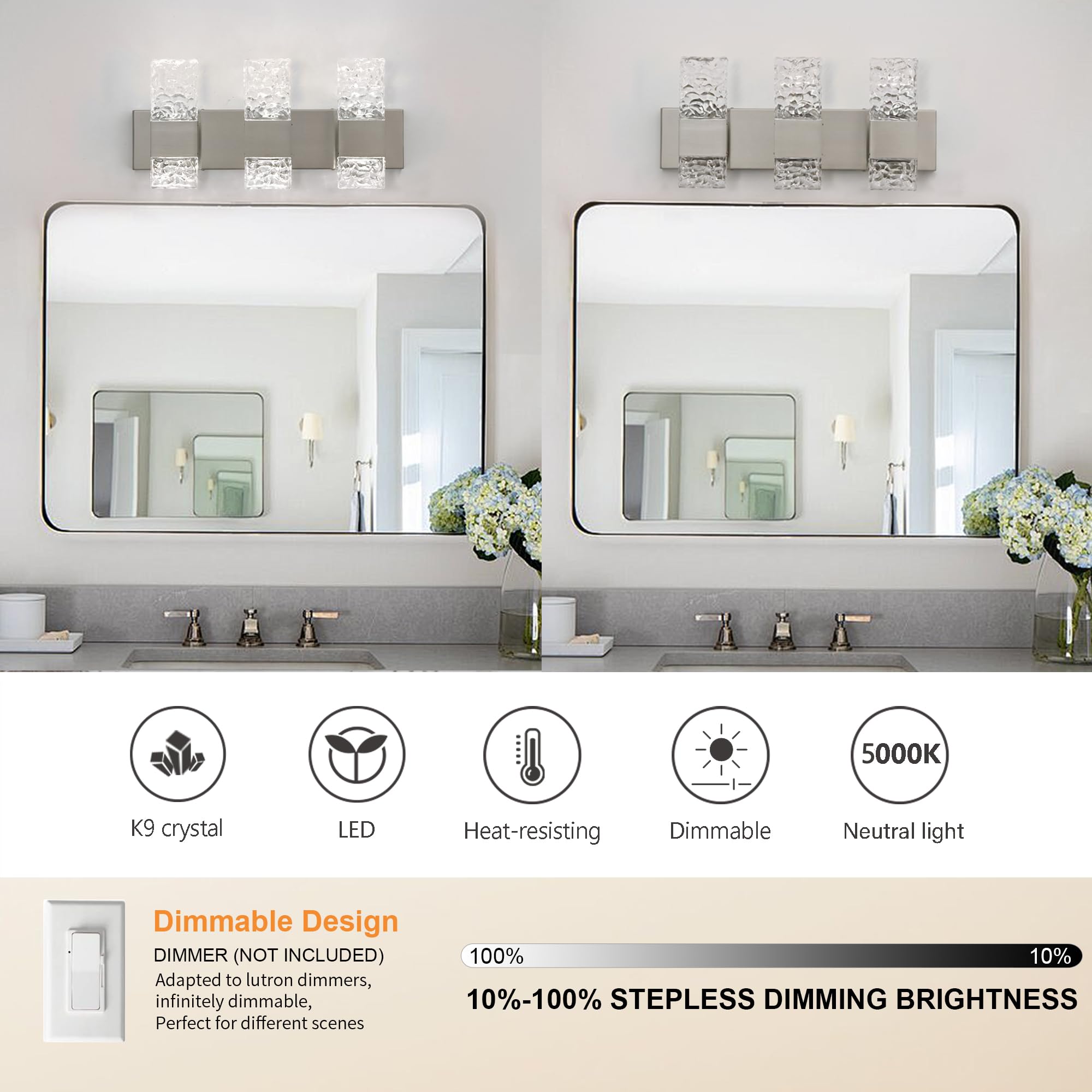 Oylyw Brushed Nickel Bathroom Vanity Light Fixture, 3 Lights, Dimmable Led Over Mirror Lighting