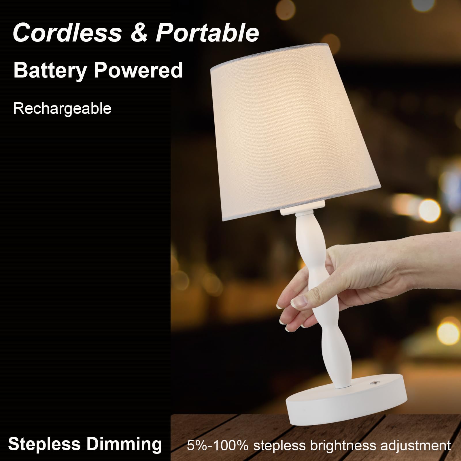 CASTLELIFE Portable Cordless Table Lamp, Rechargeable, 3-Level Brightness, Metal, White, Model CL8433-BS