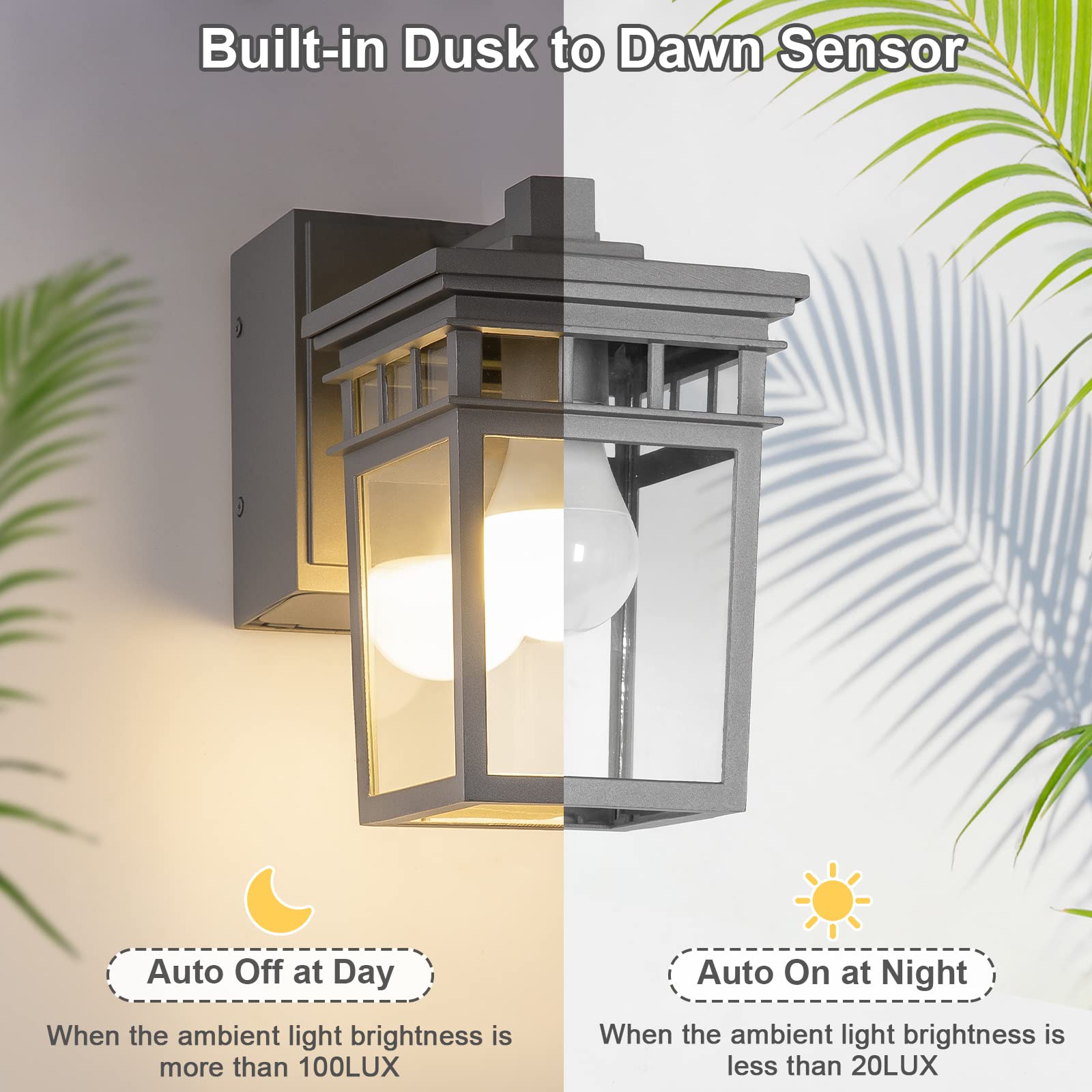 FANDBO Outdoor Porch Light with GFCI Outlet, Dusk to Dawn, Clear Glass Shade, Waterproof Wall Sconce, Gray, Model HS405