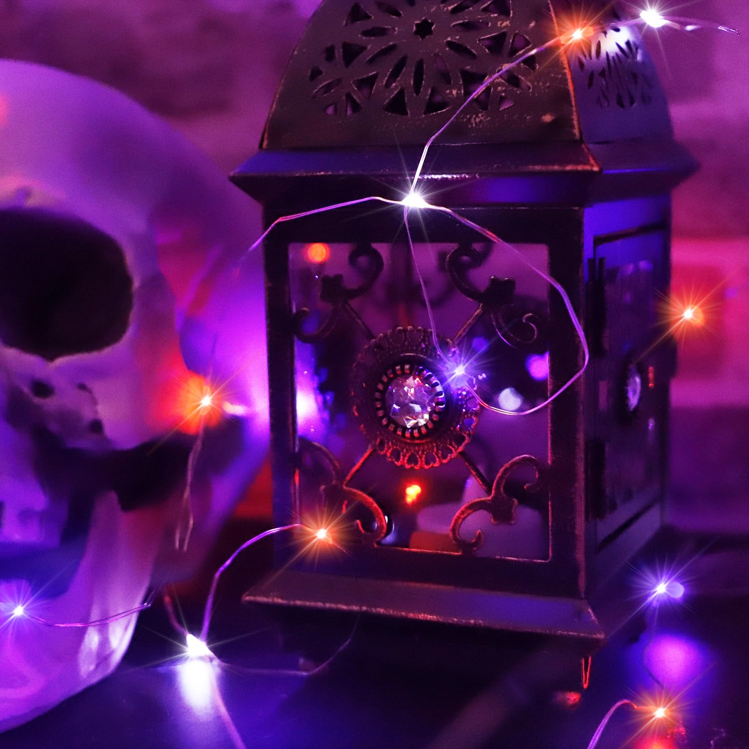 Curyidy Halloween Fairy Lights, 100LED Battery Operated, Remote Control, Purple White Orange, 2 Pack