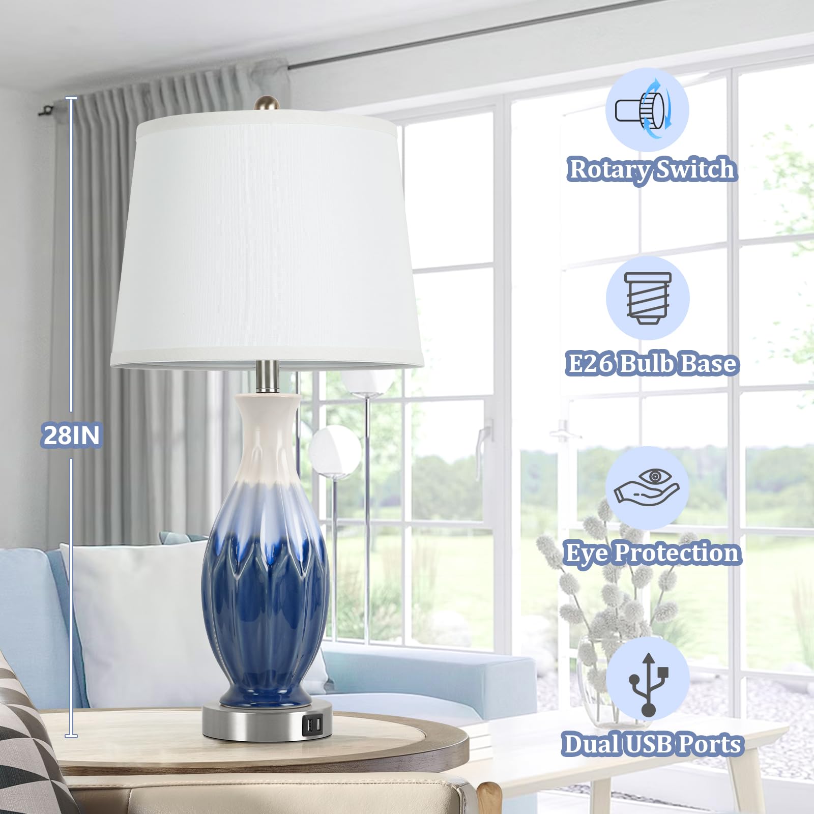 Bosceos 28” Tall Table Lamps Set of 2, Navy Blue Ceramic with USB Ports, Coastal Design for Living Room & Bedroom