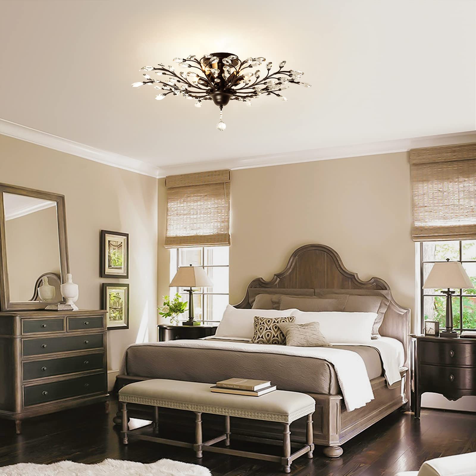 Garwarm 5-Light Vintage Crystal Chandelier Pendant Light Fixture, Black Iron for Living Room, Bedroom, Restaurant, Porch