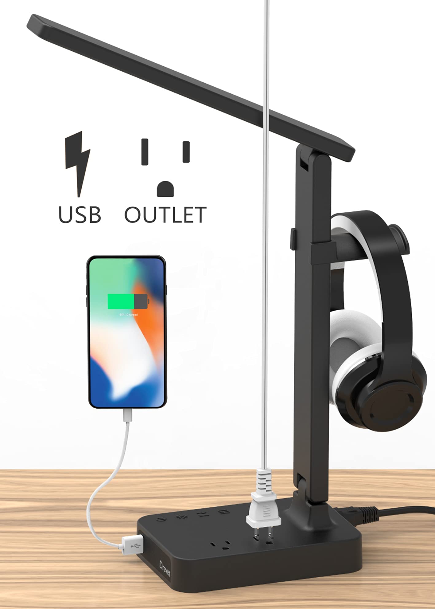 Drevet LED Desk Lamp with Headphone Stand, USB Port, 3 Modes, Eye-Caring Light, 2 AC Outlets, Timer, Memory Function - With Headset Stand