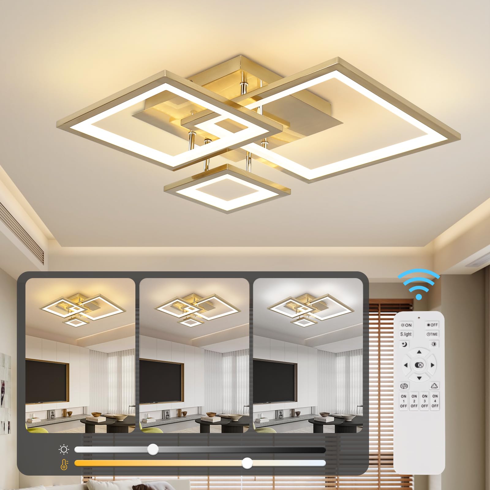 HLILCEH Modern Gold Led Ceiling Light 3-Square Design 3000K-6500K Dimmable LED Ceiling Light with Remote 33W Acrylic Ceiling Lig