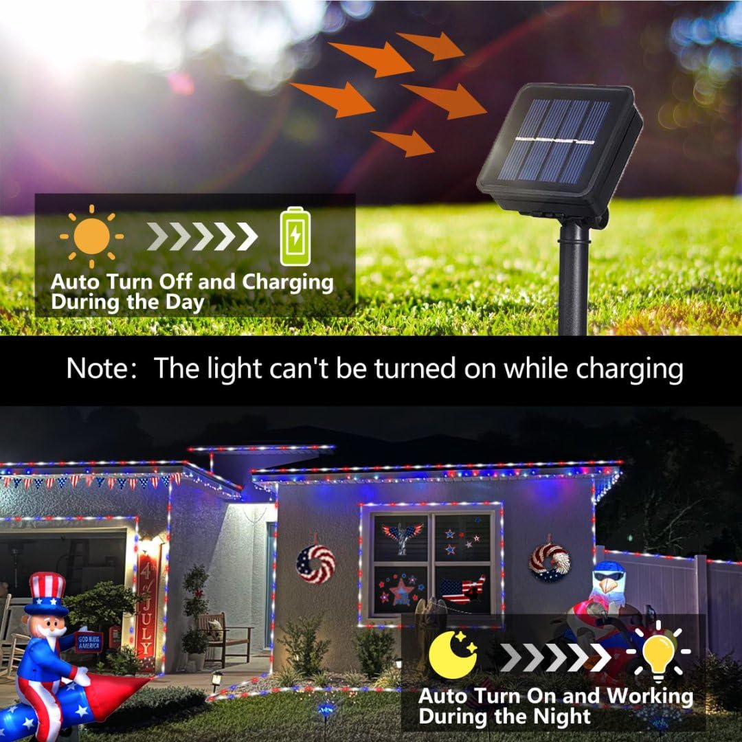 QITONG Solar Rope Lights, 2 Pack, 100 LED, 33ft Each, Red White Blue, 8 Modes, PVC Copper, Model 100-S-RL-RWB