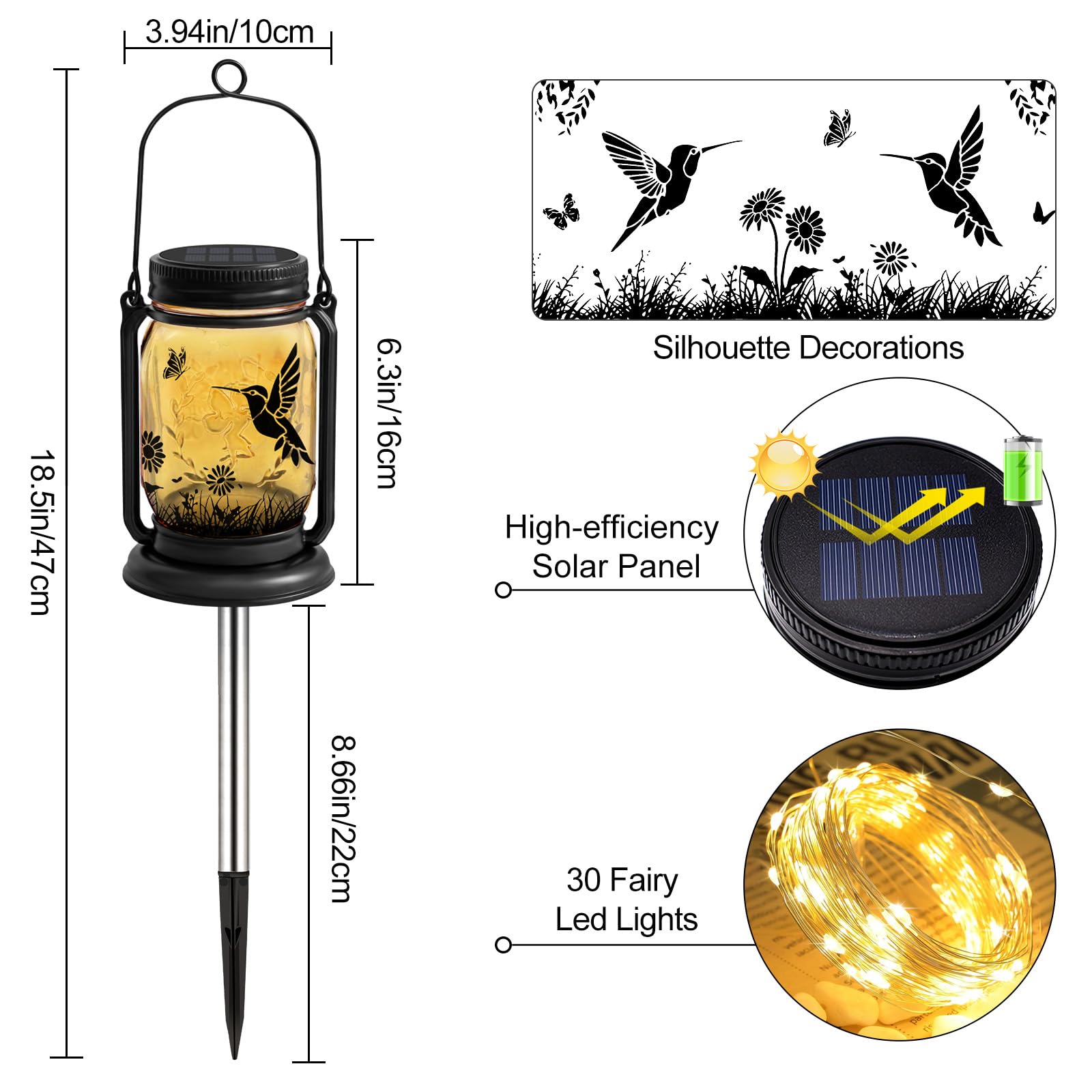 ANGMLN Hummingbird Solar Lanterns - 3-in-1 Waterproof Mason Jar Lights for Outdoor Garden Decor, Model FG-61