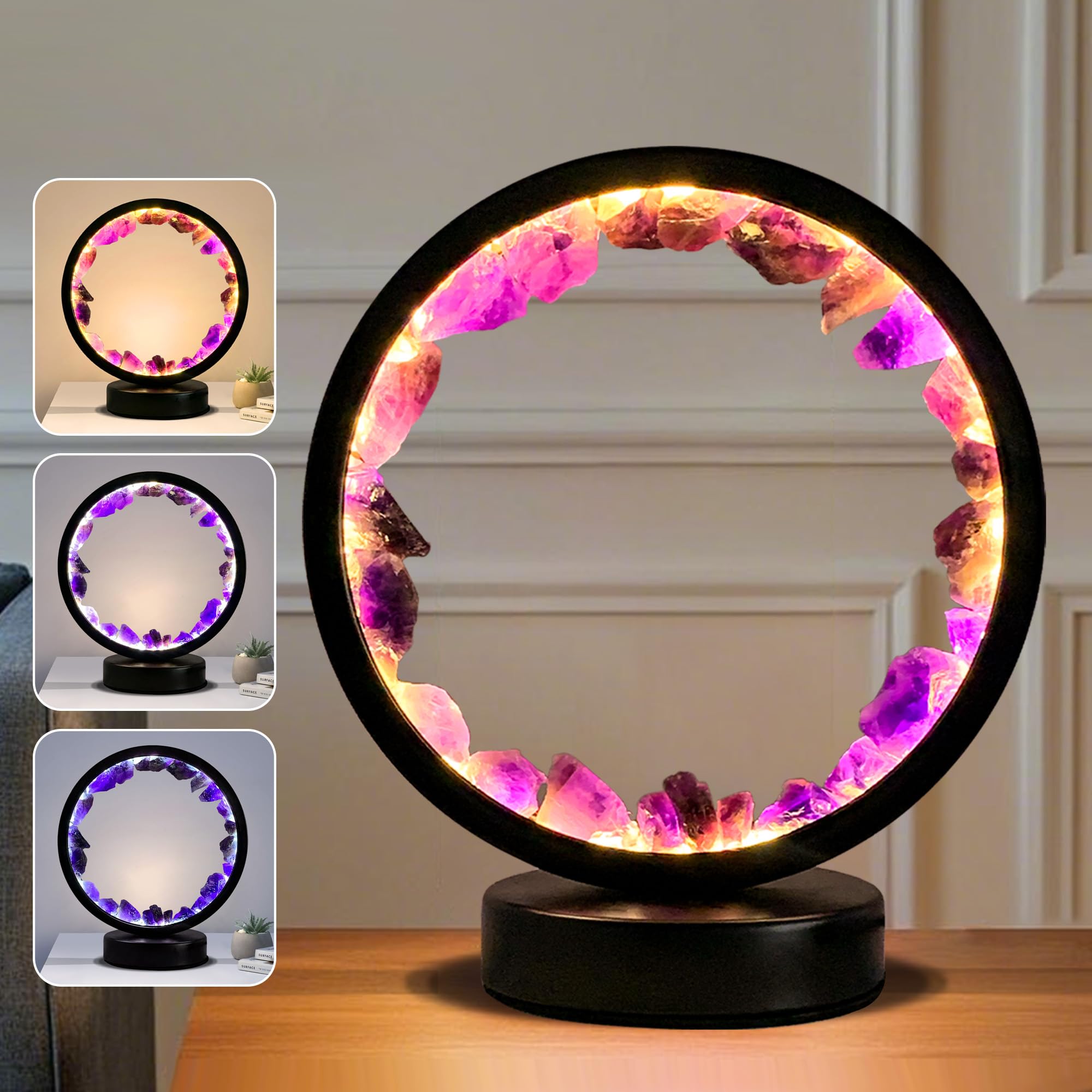 Amethyst Crystal Table Lamp  Natural Healing Crystals Bedside Lamp  3 Colors Dimming Mode USB Port Night Light Energy Purple Crystal Lamp for Living Room Bedroom Home Decor Birthday Gift for Women