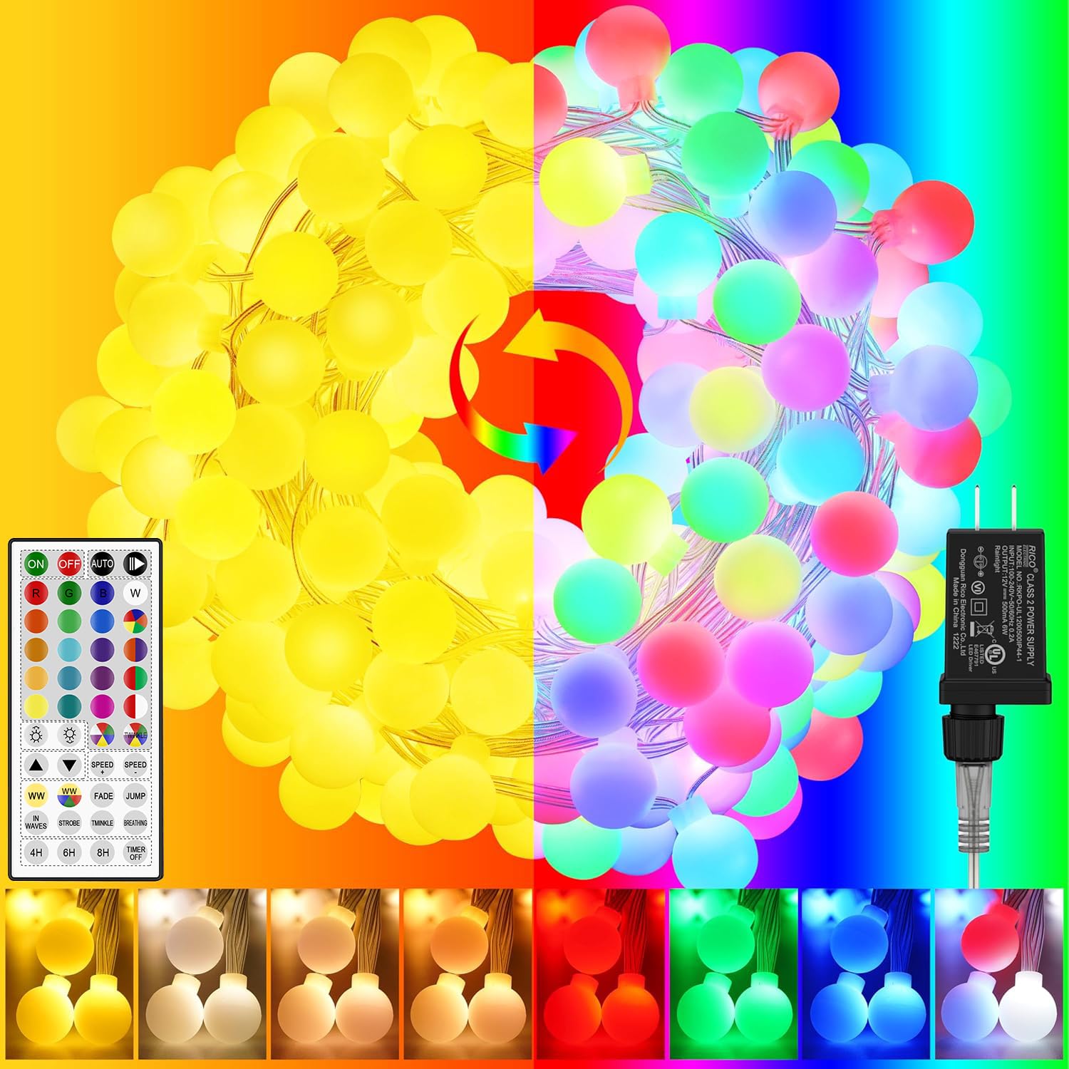 Color Changing String Lights for Outside, 30 Colors 33ft 100LED RGB+Warm White Fairy Lights Plug in, Outdoor Christmas Globe Decorative Lights with Remote for Indoor Bedroom Party Garden Xmas Décor