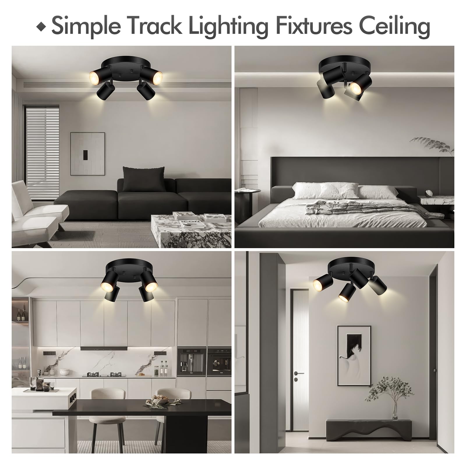 4 Light Track Lighting Fixtures Ceiling  Matte Black Round Directional Ceiling Spotlight  Gu10 Flush Mount Track Fixture  Adjustable Modern Led Track Lights For Kitchen/Living Room  Bulb Not Included
