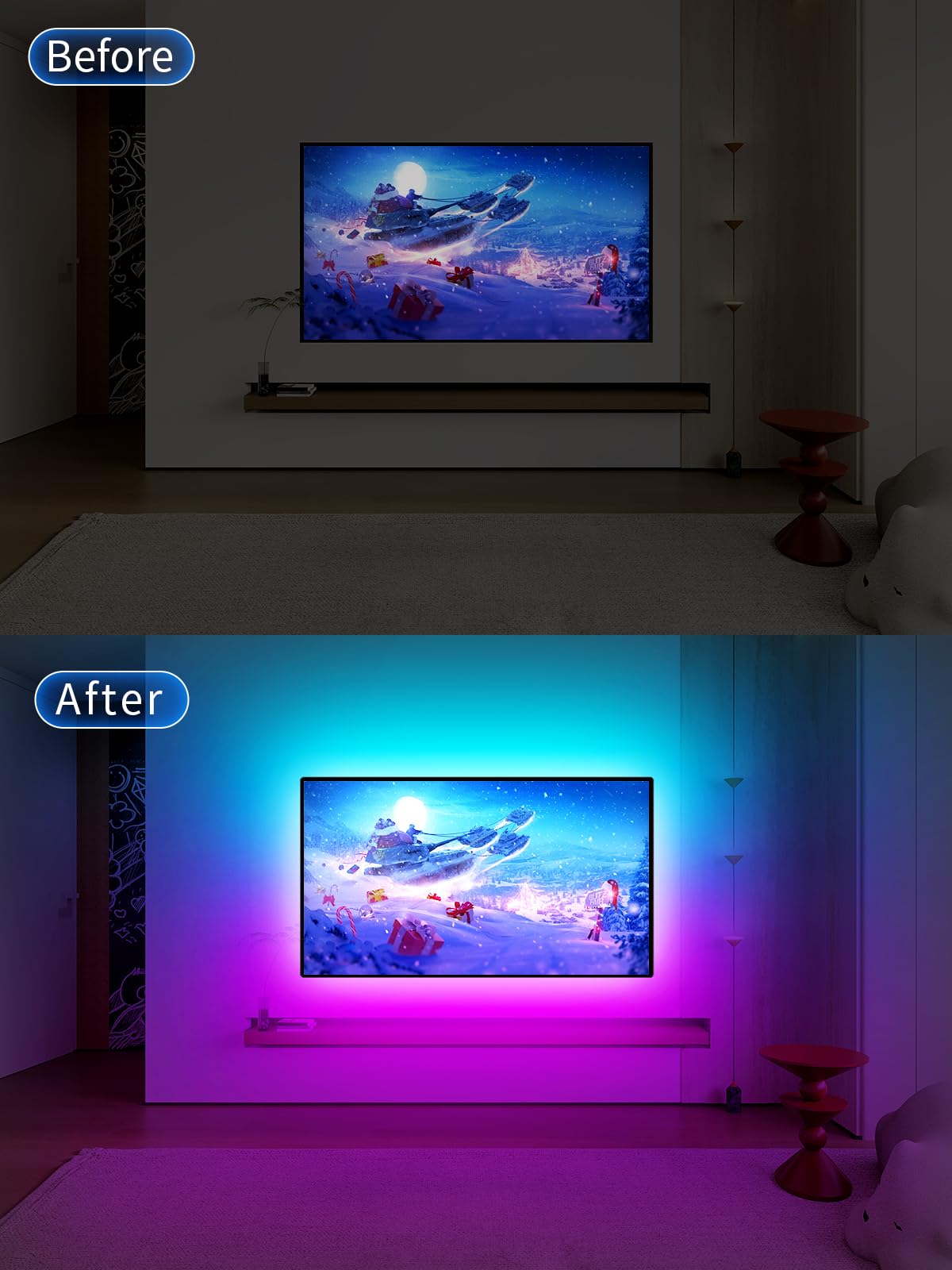 Gipoyent Tv Light Strip, Music Sync Led Tv Backlight, For 55-80 Inch Tv, Led Tv Light With Bluetooth Function - Rgb Color Changing Light Strip For Home Theater (19.6Ft)