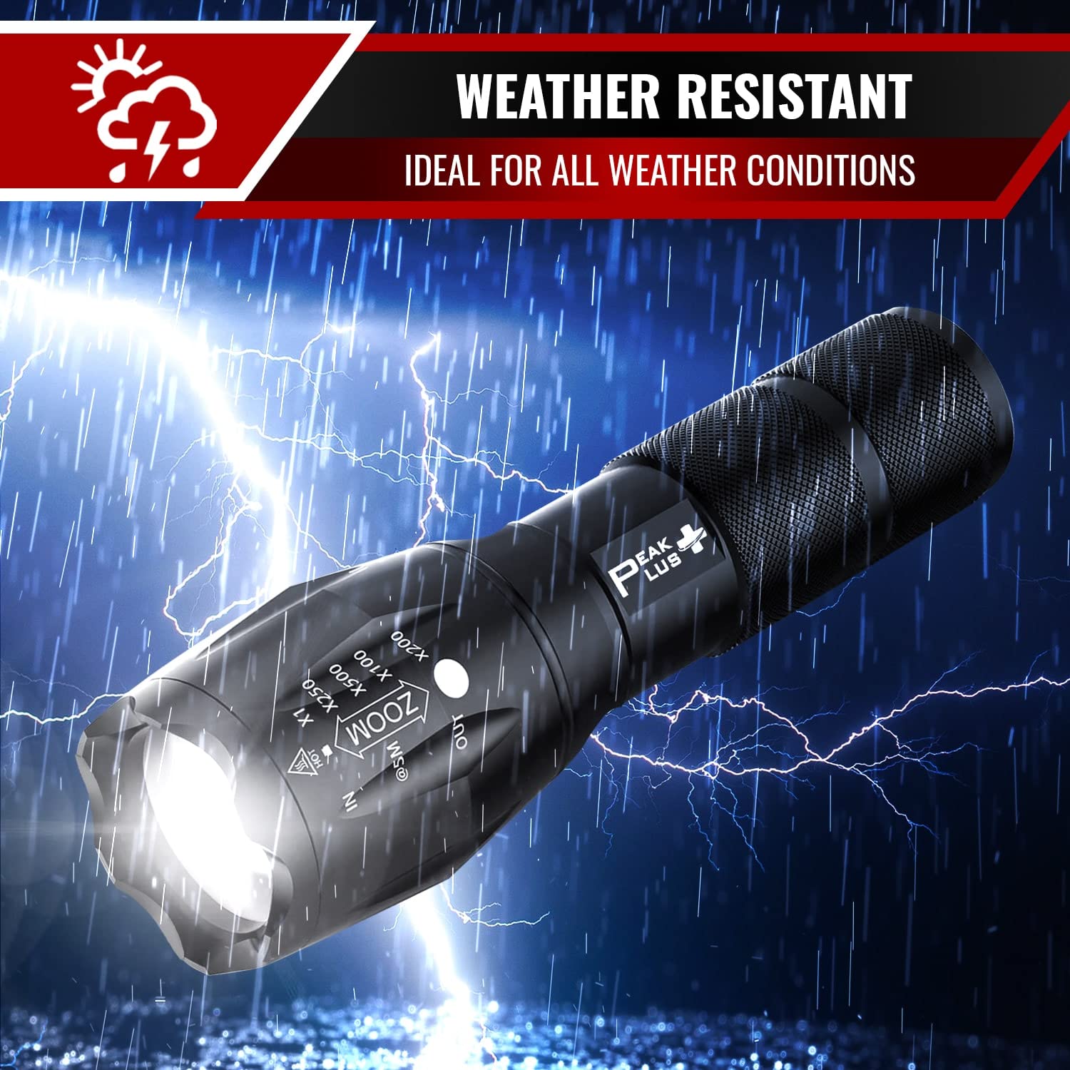 PeakPlus LED Flashlights - 4 Pack, Super Bright, Waterproof, Zoomable, Aluminum, Black, Model PPLFX10504P