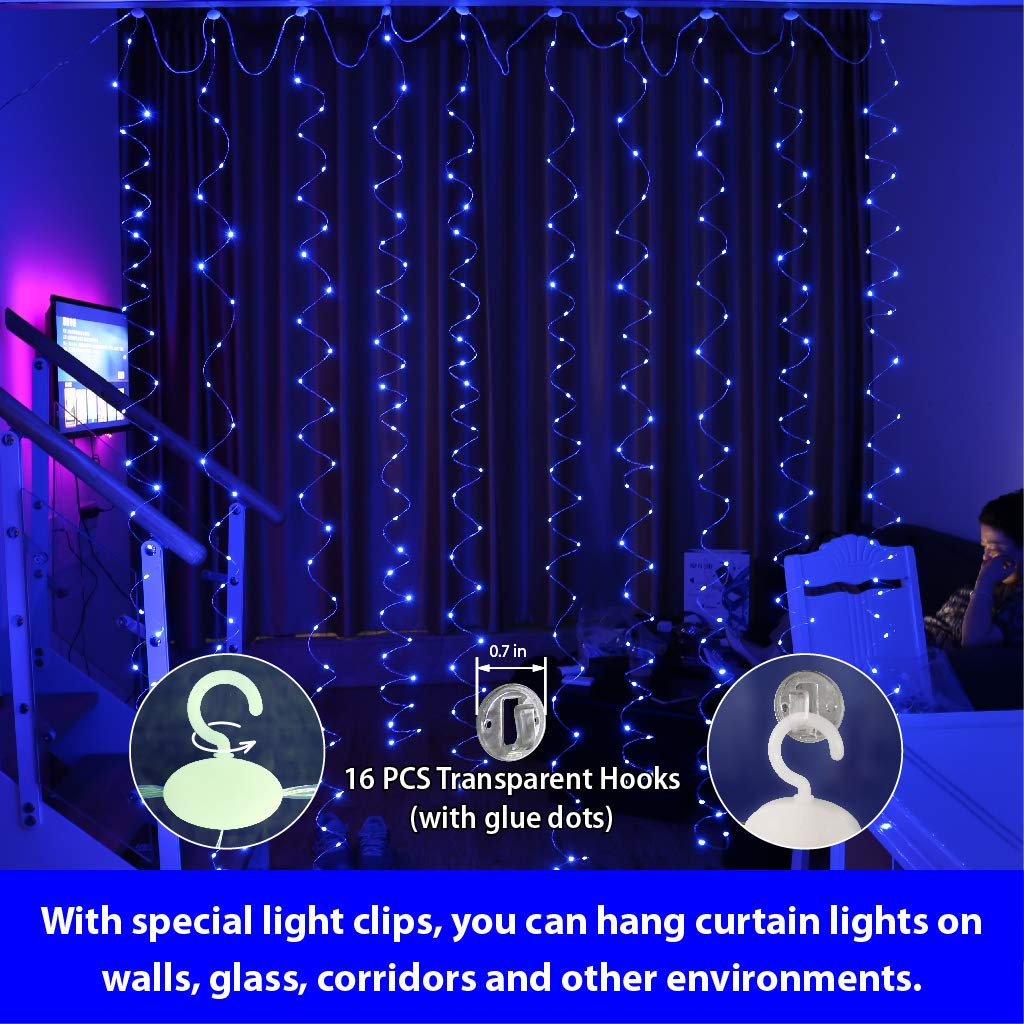HXWEIYE 300LED Blue Fairy Curtain Lights with Remote, 9.8x9.8Ft, USB, Timer, Perfect for Bedroom, Outdoor, Weddings, Parties, Decorations